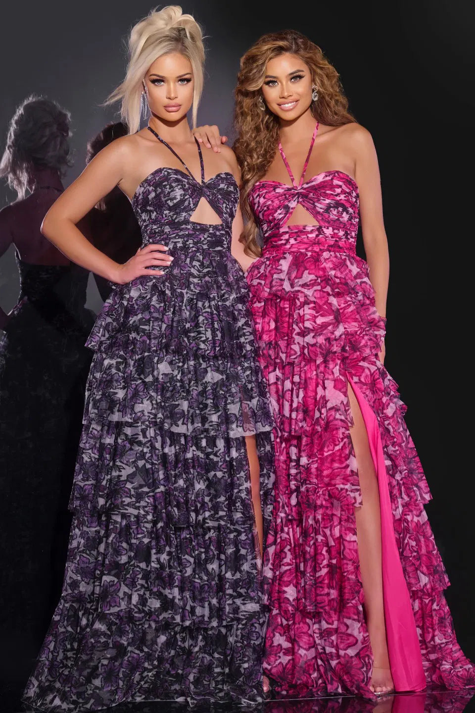 Jovani 40423 Strapless Tiered Gown with Floral Details