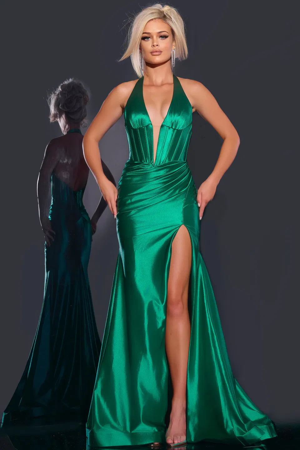 Jovani 41012 Plunge Halter Gown with High Slit