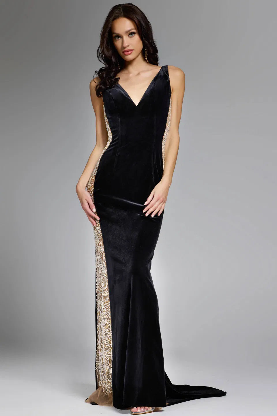 Jovani 42026 V-Neck Velvet Gown with Beaded Sides