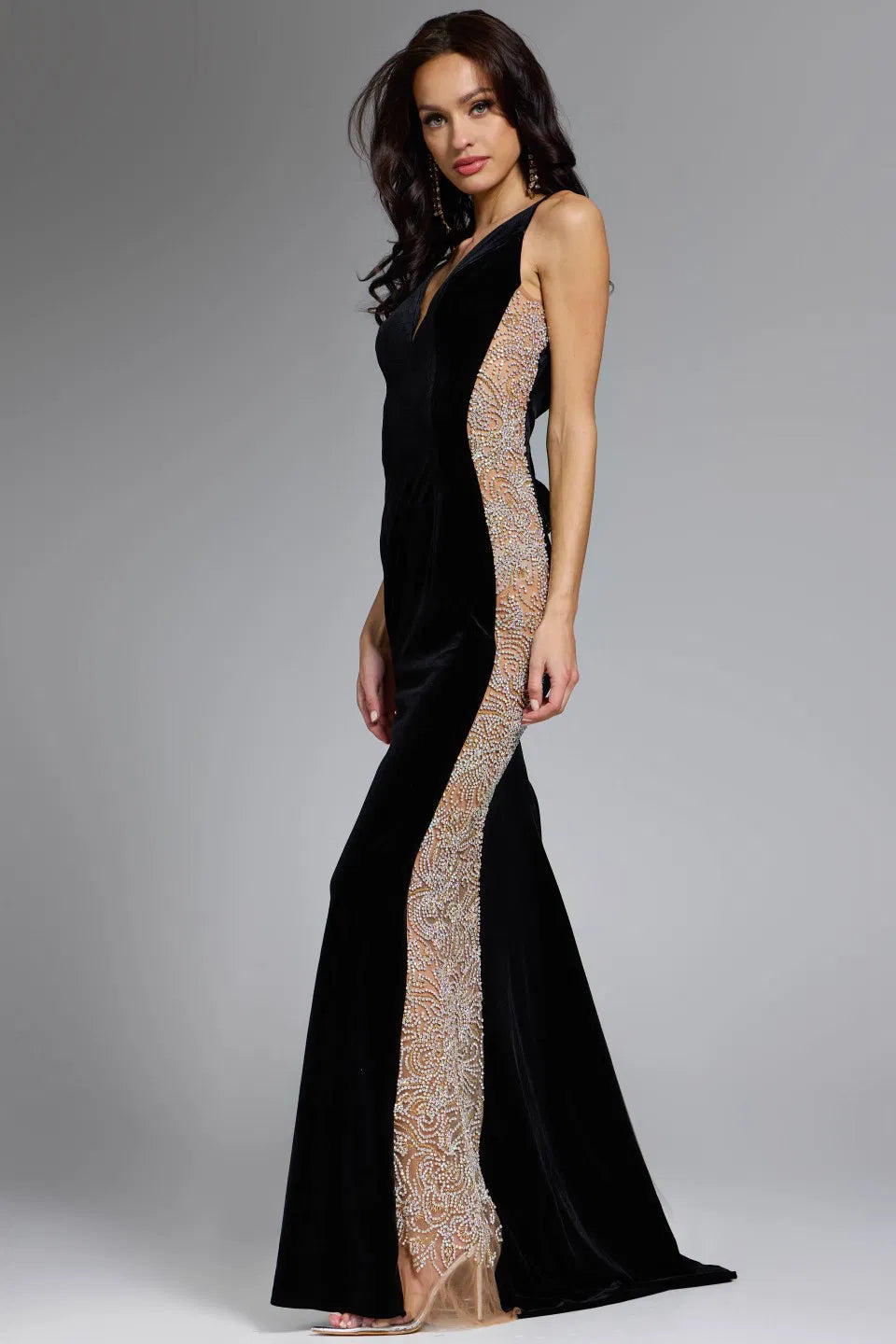 Jovani 42026 V-Neck Velvet Gown with Beaded Sides