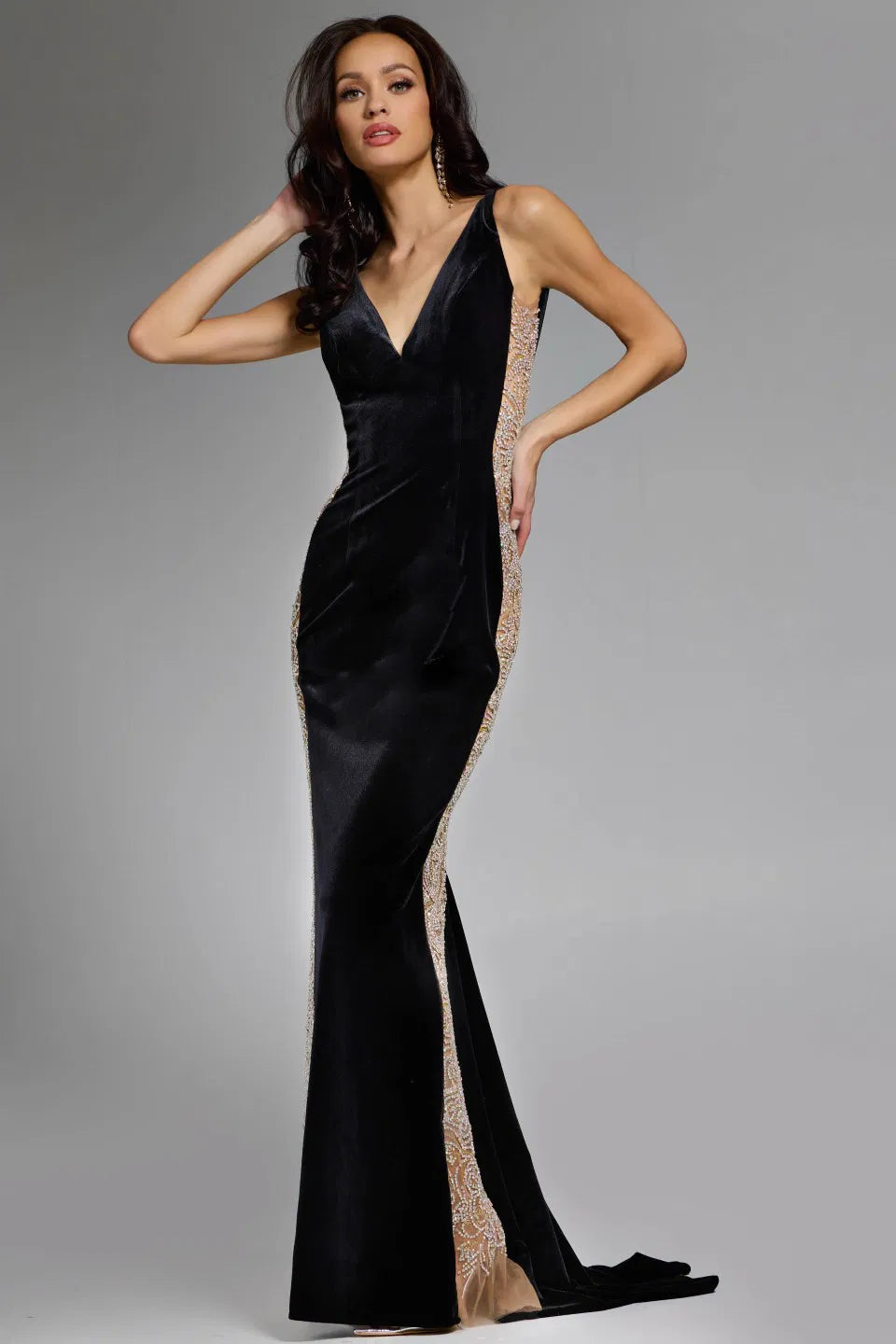 Jovani 42026 V-Neck Velvet Gown with Beaded Sides