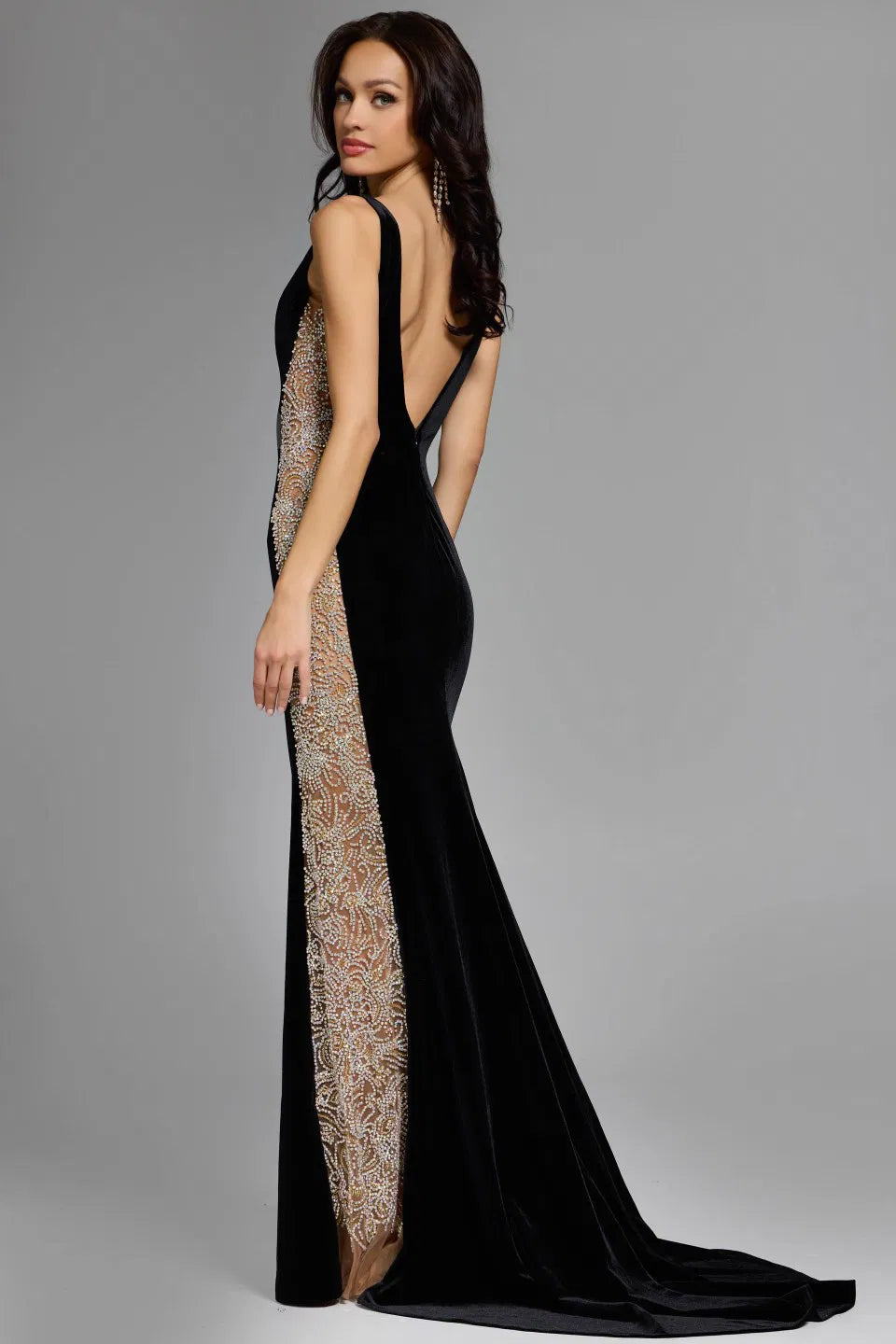 Jovani 42026 V-Neck Velvet Gown with Beaded Sides
