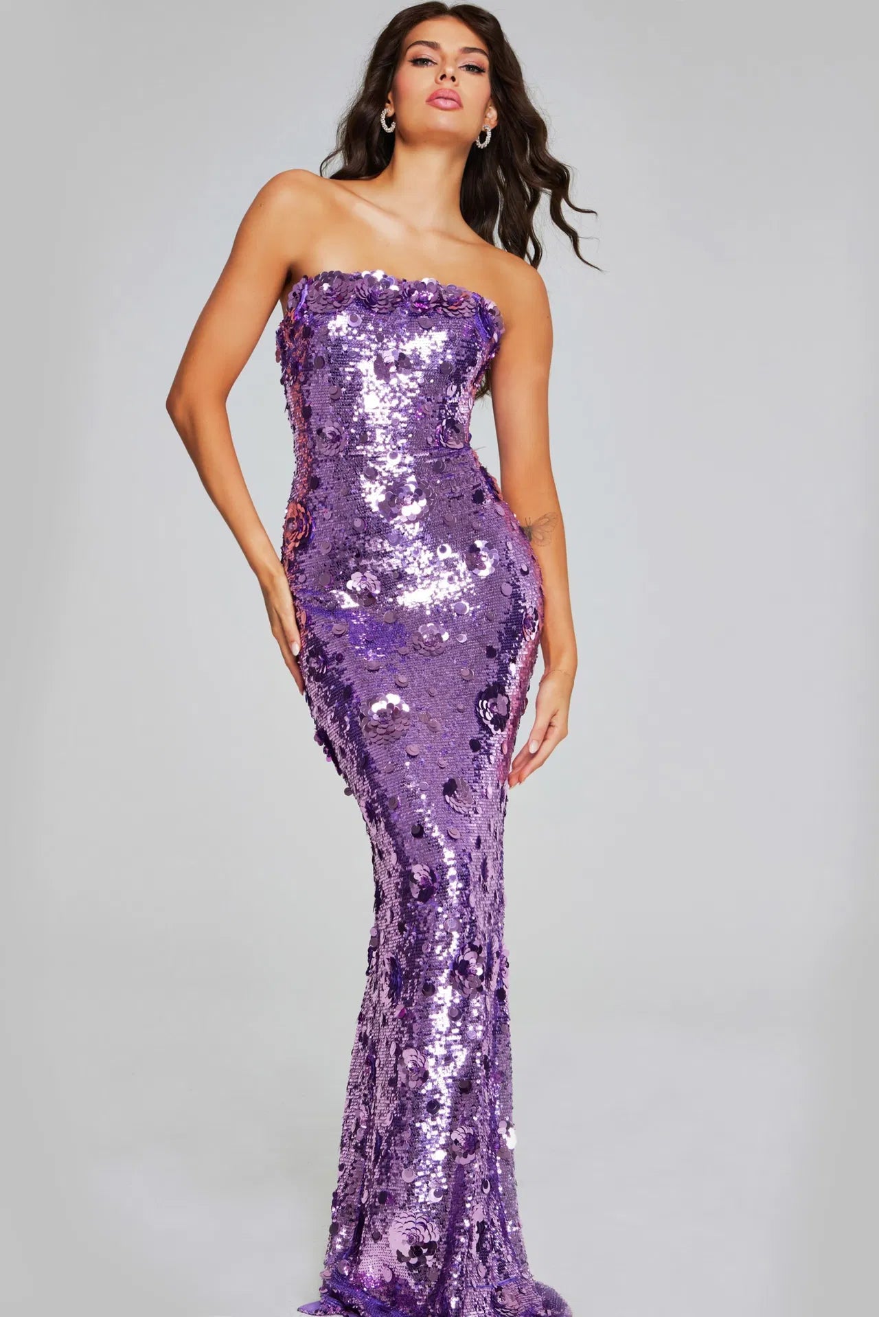 Jovani 42154 Dazzling Lilac Sequin Strapless Gown with Floral Accents