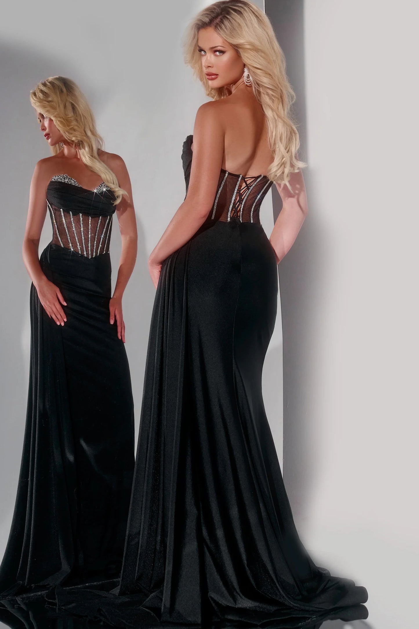 Jovani 42226 Strapless Gown with Sheer Corset and Side Slit