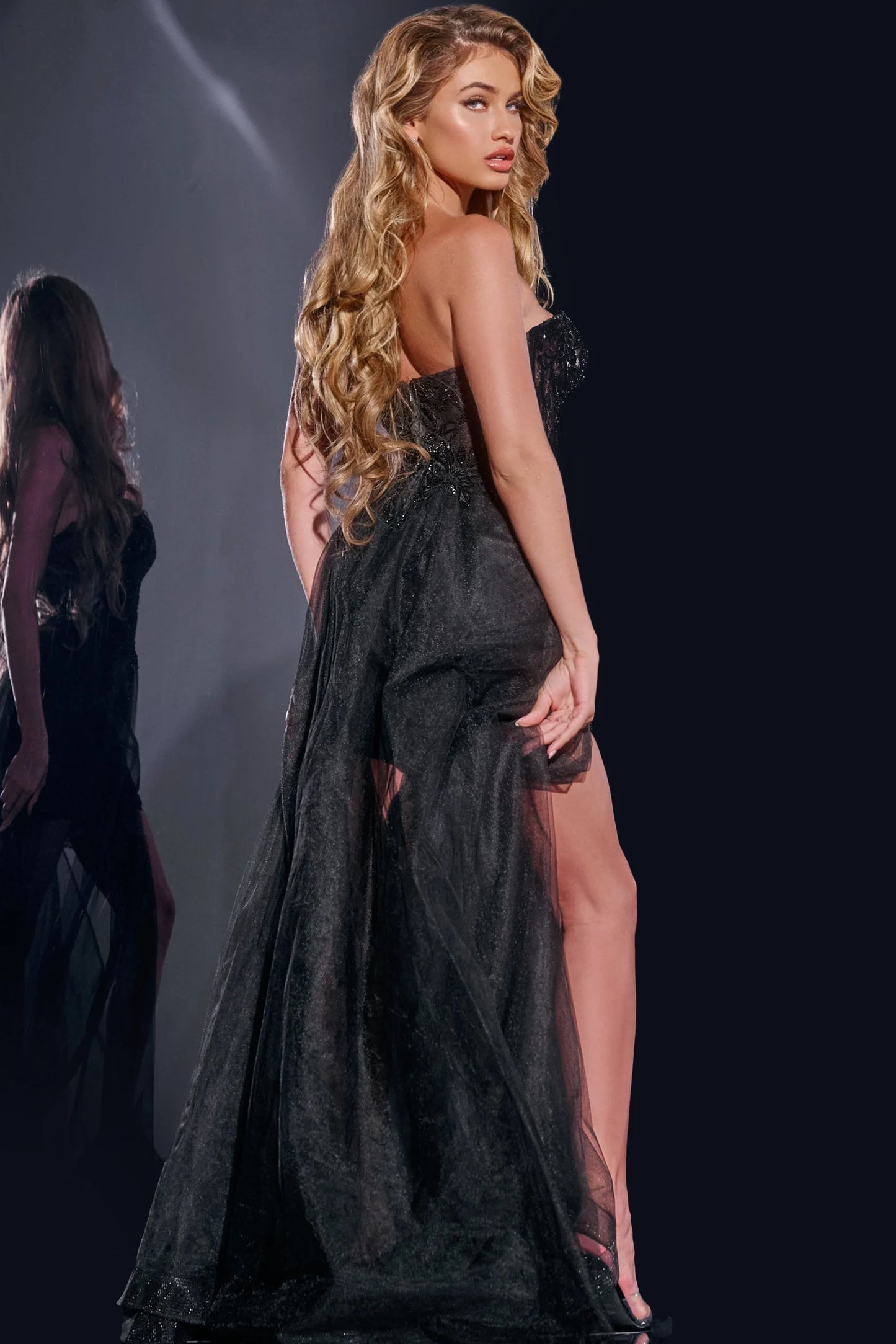 Jovani 42255 Strapless High-Low Gown with Sheer Lace Bodice