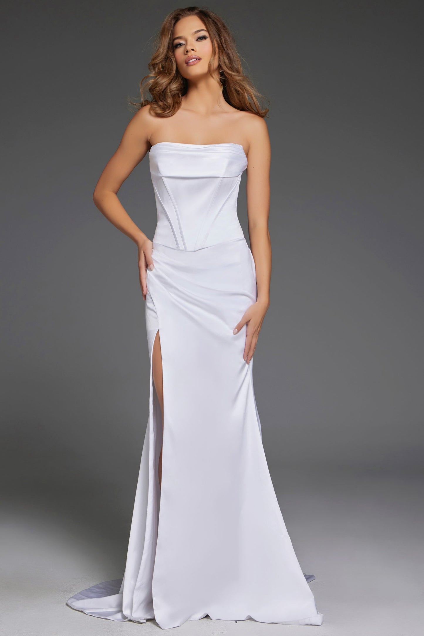 Jovani 42355 Strapless Satin Gown with High Slit and Corset Bodice