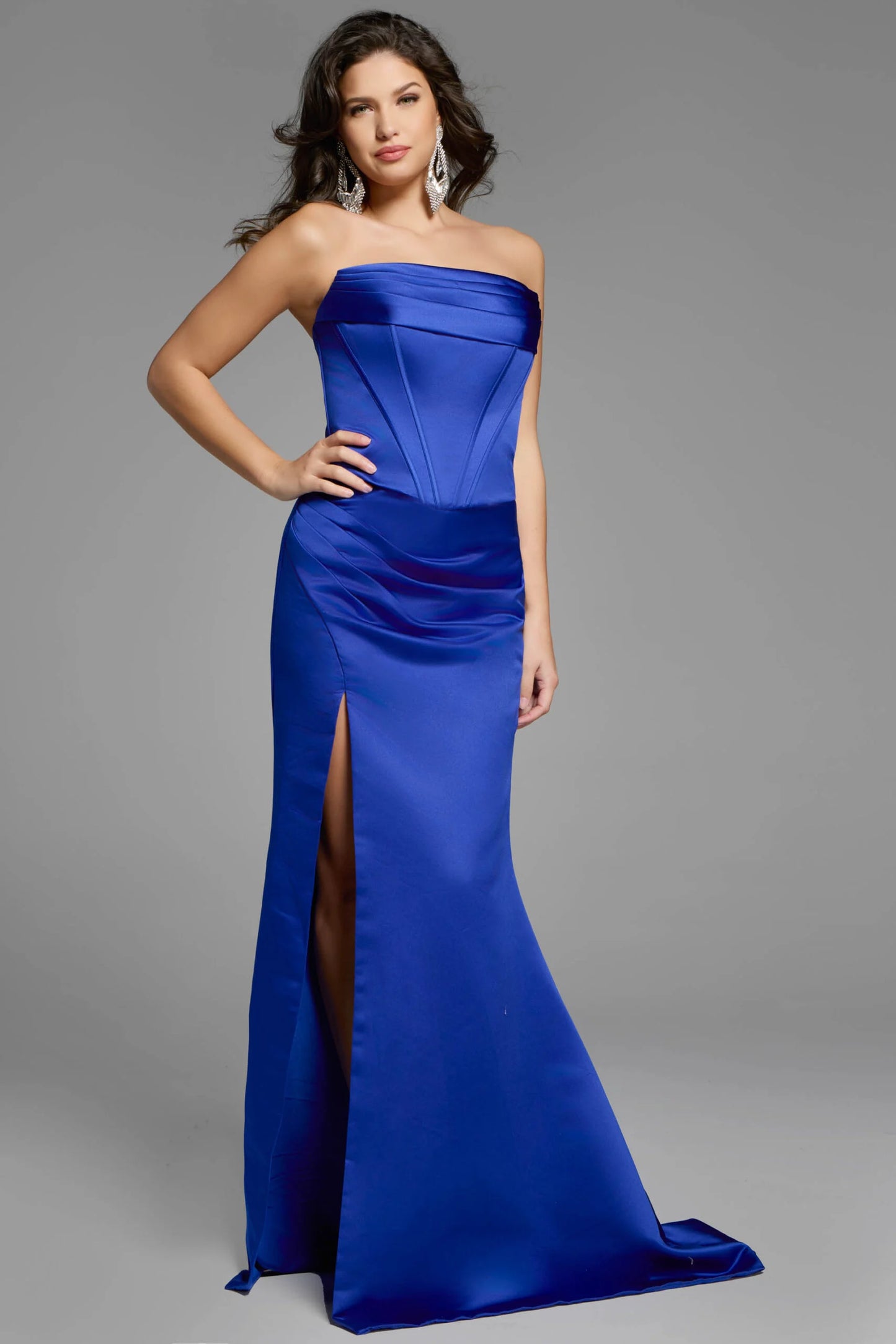Jovani 42355 Strapless Satin Gown with High Slit and Corset Bodice