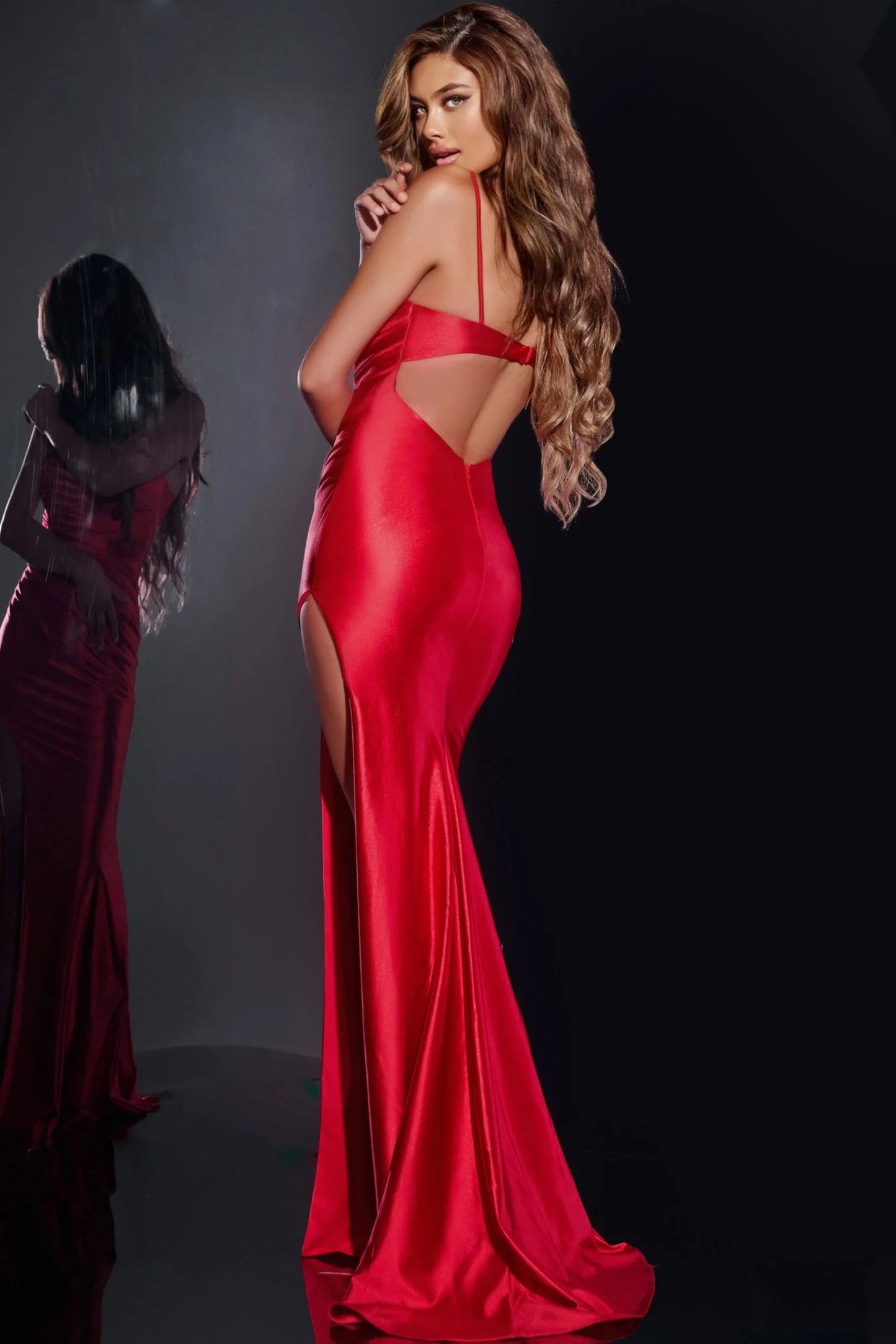 Jovani 42370 Strapless Satin Gown with High Slit and Beaded Bust