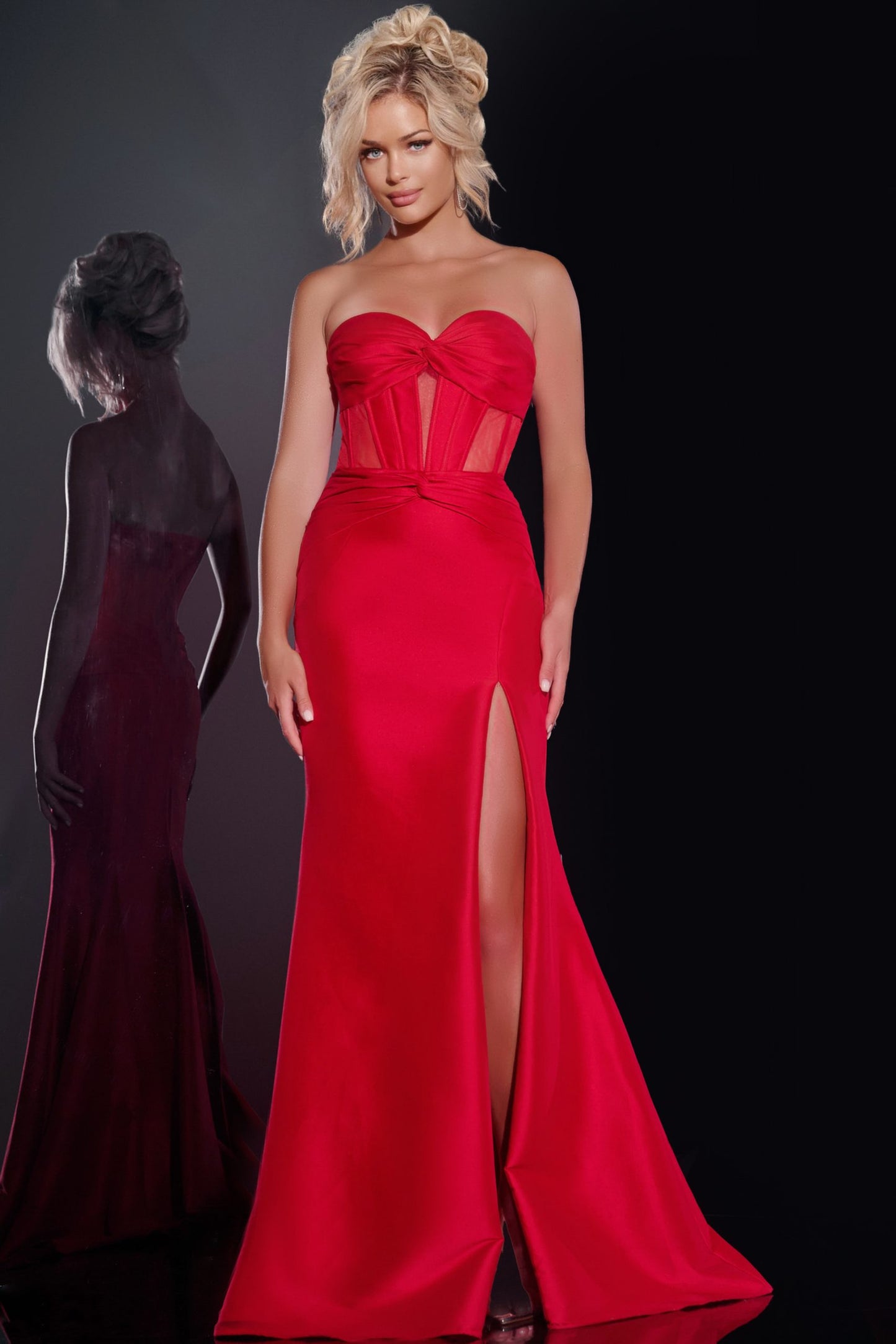 Jovani 42375 Strapless Gown with Sheer Corset and High Slit