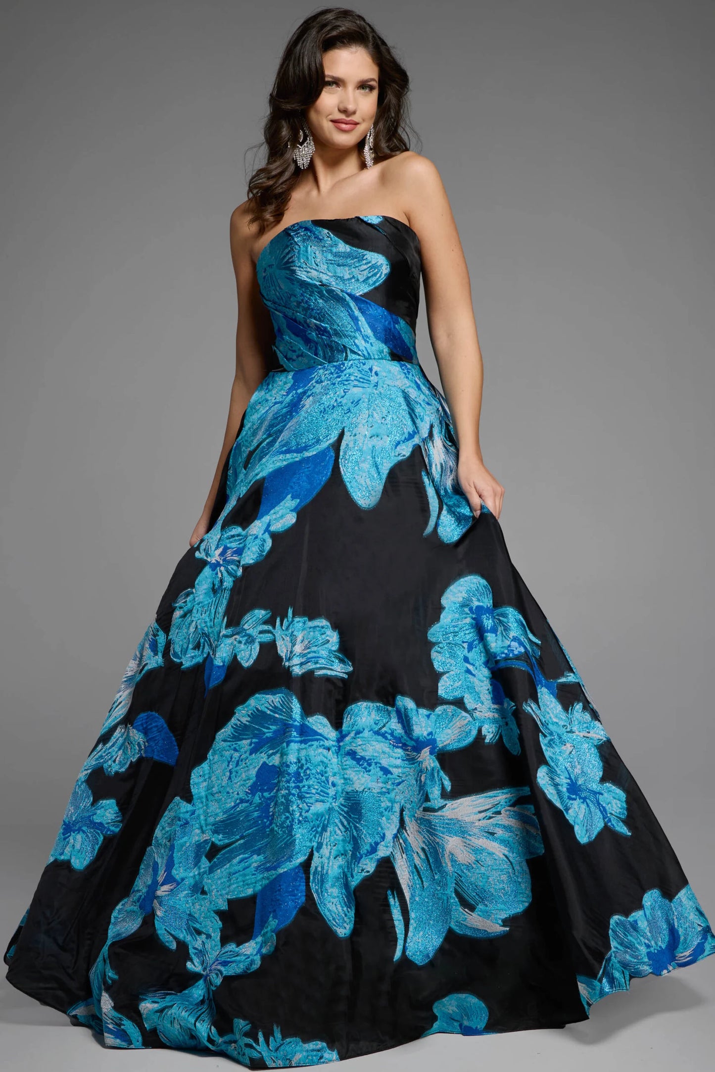 Jovani 42436 Strapless Black Ball Gown With Blue Floral Print