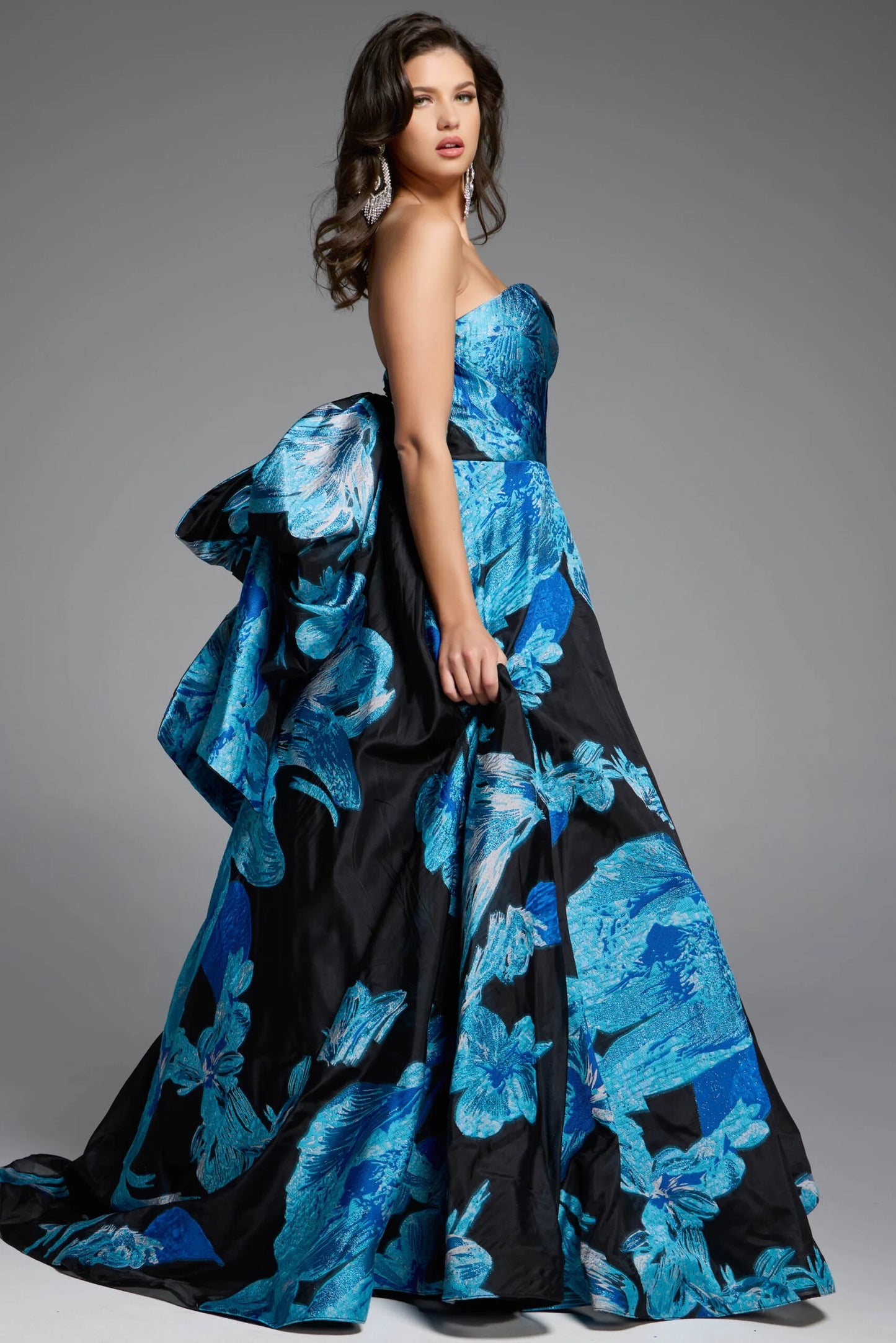Jovani 42436 Strapless Black Ball Gown With Blue Floral Print