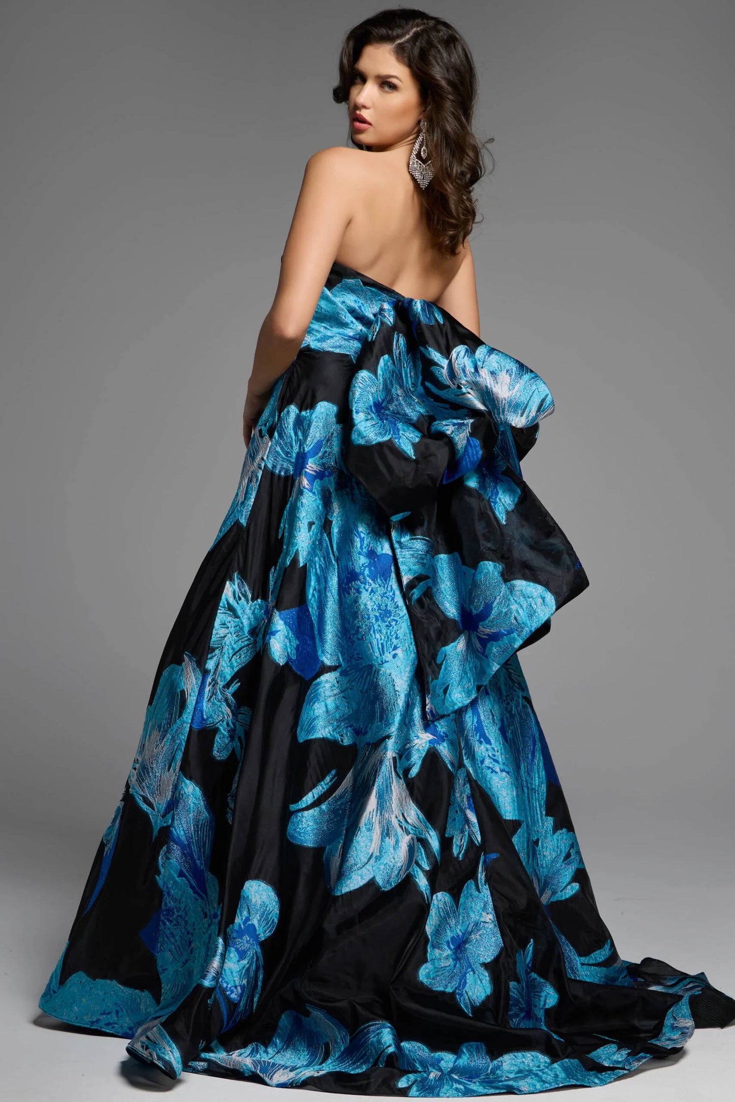Jovani 42436 Strapless Black Ball Gown With Blue Floral Print