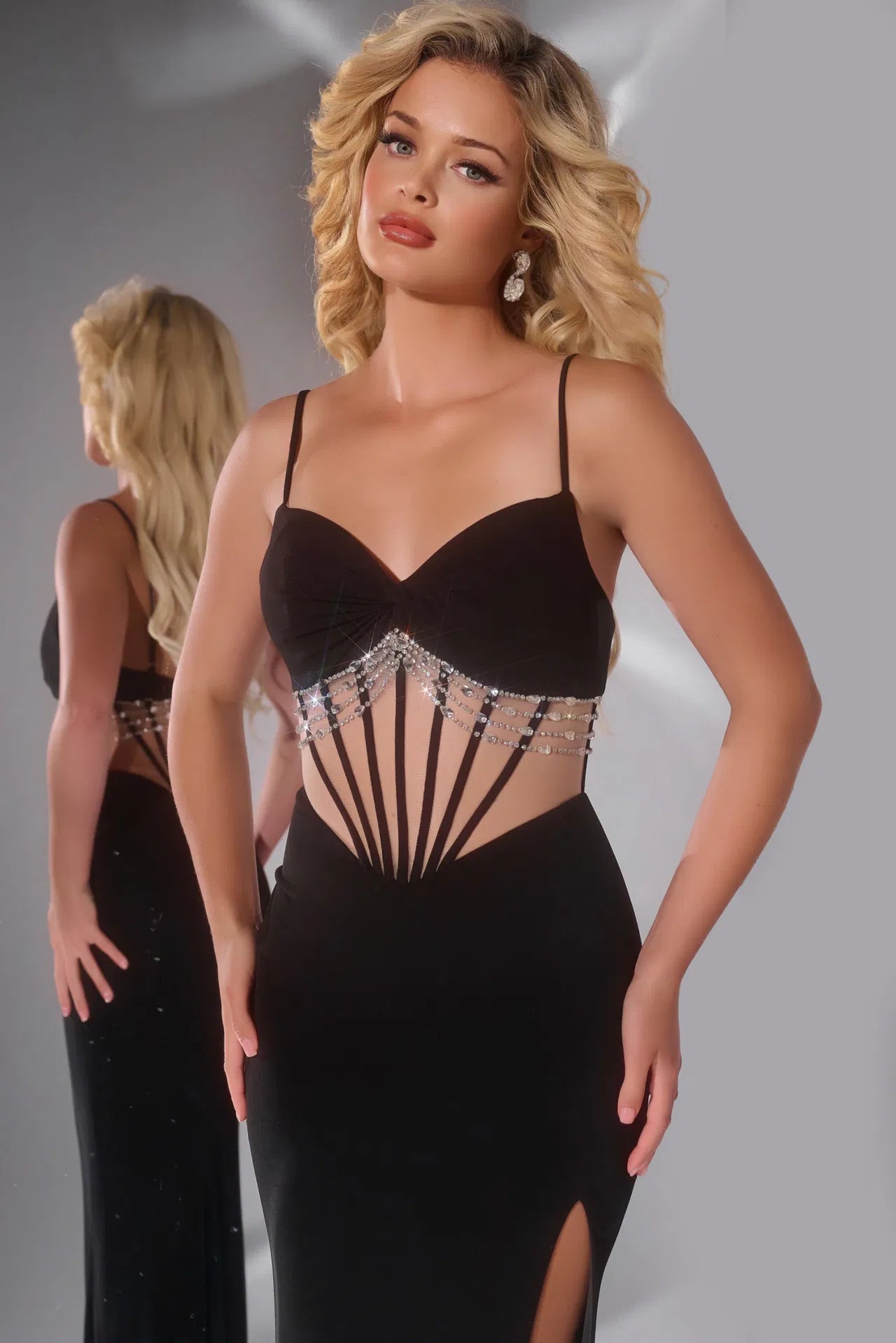 Jovani 42758 Embellished Black Gown with Sheer Waist and Spaghetti Straps