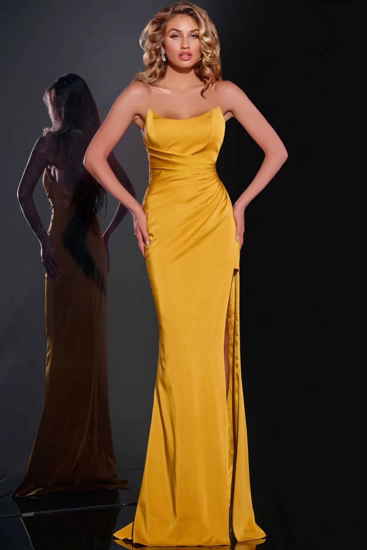 mustard yellow strapless dress Jovani 42765 Gown with High Slit – B Chic Fashions Girl_Gown_Dress Color:TIE DYE BLUE perfect for a formal Ava Presley 29270 Fitted