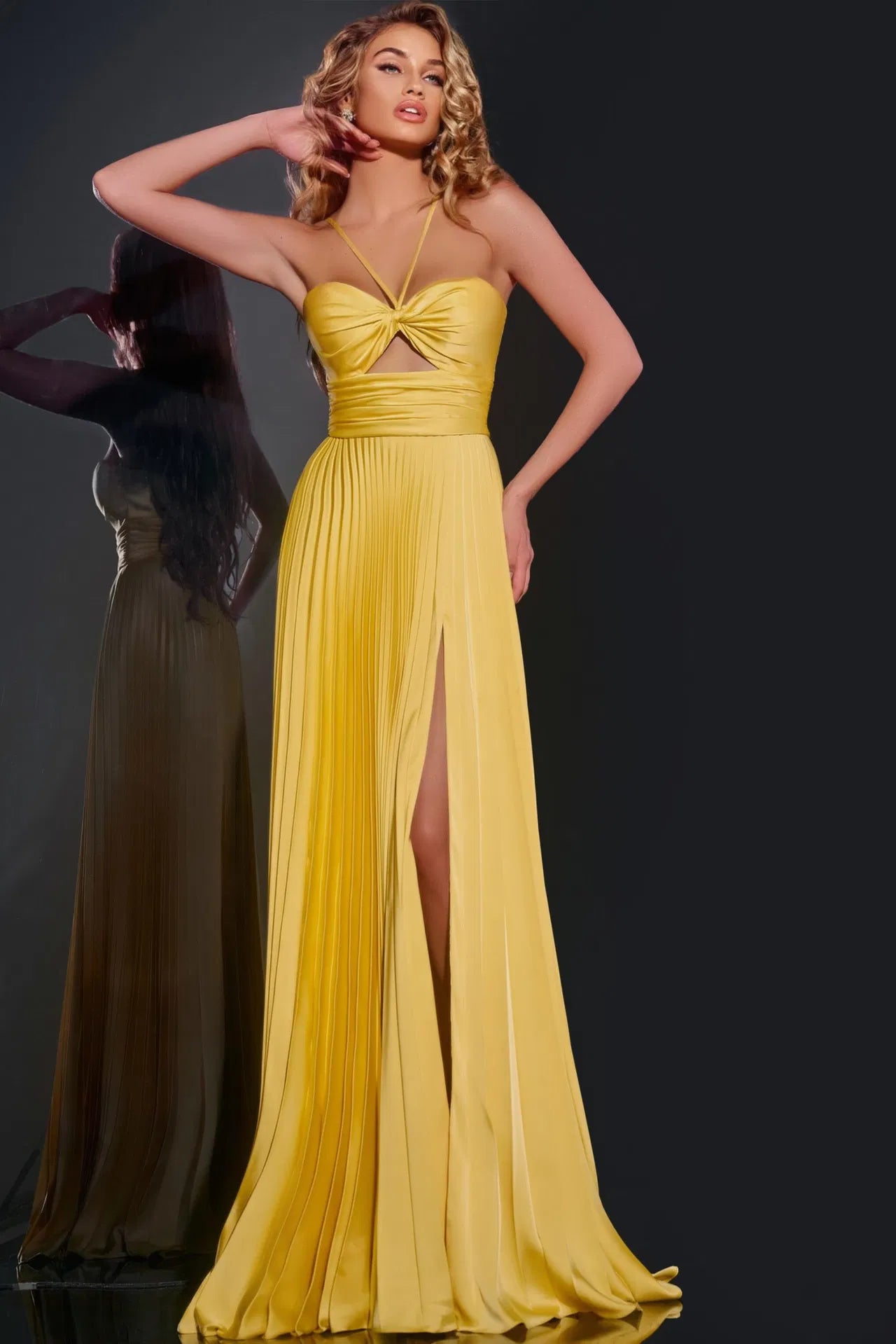 Jovani 42971 Pleated Gown with Knot Bodice and High Slit