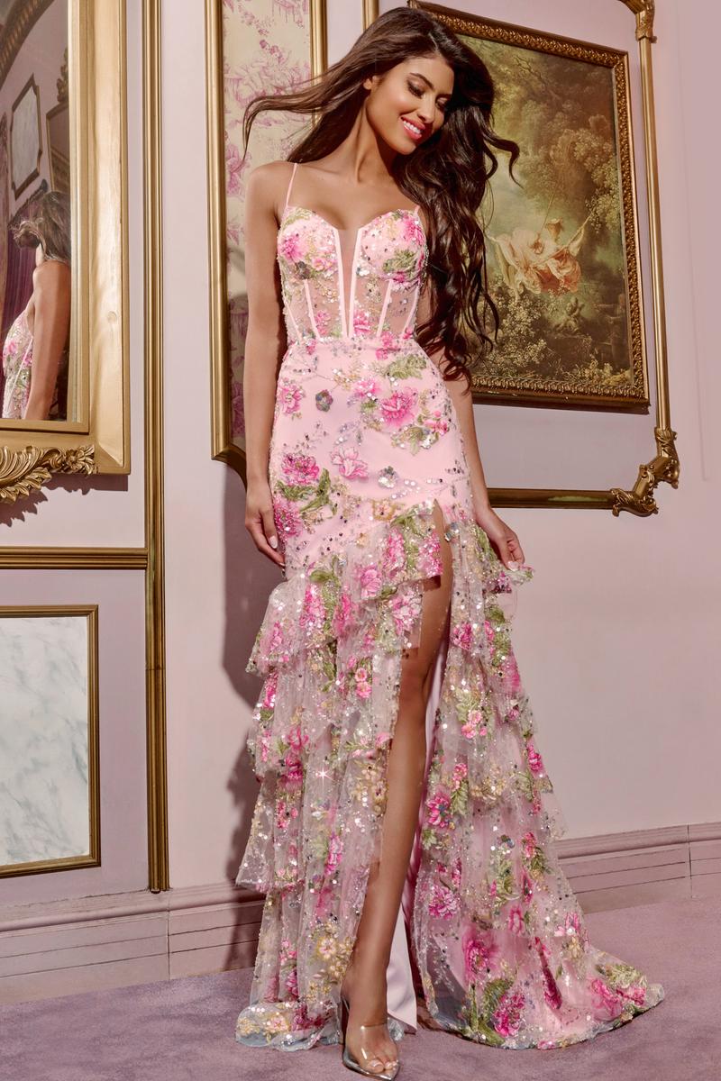 Jovani 43172 Floral Embroidered Gown with Sheer Corset Bodice