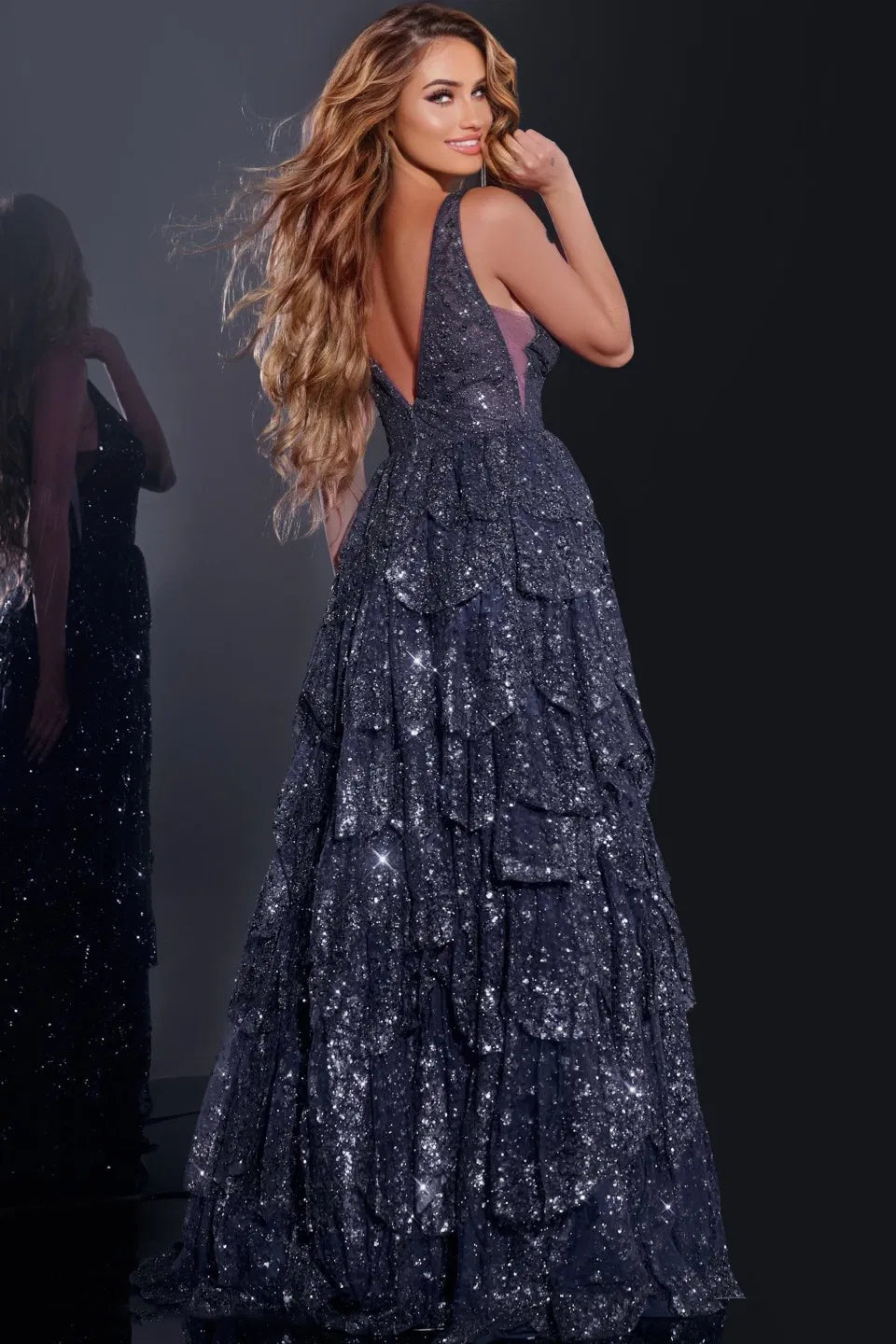Jovani 43198 Sleeveless V-Neck Gown with Sequin Layers
