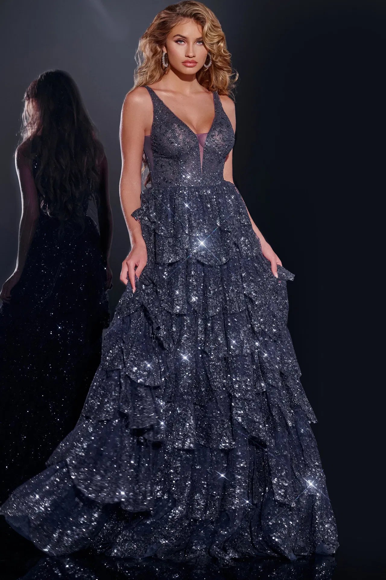 Jovani 43198 Sleeveless V-Neck Gown with Sequin Layers