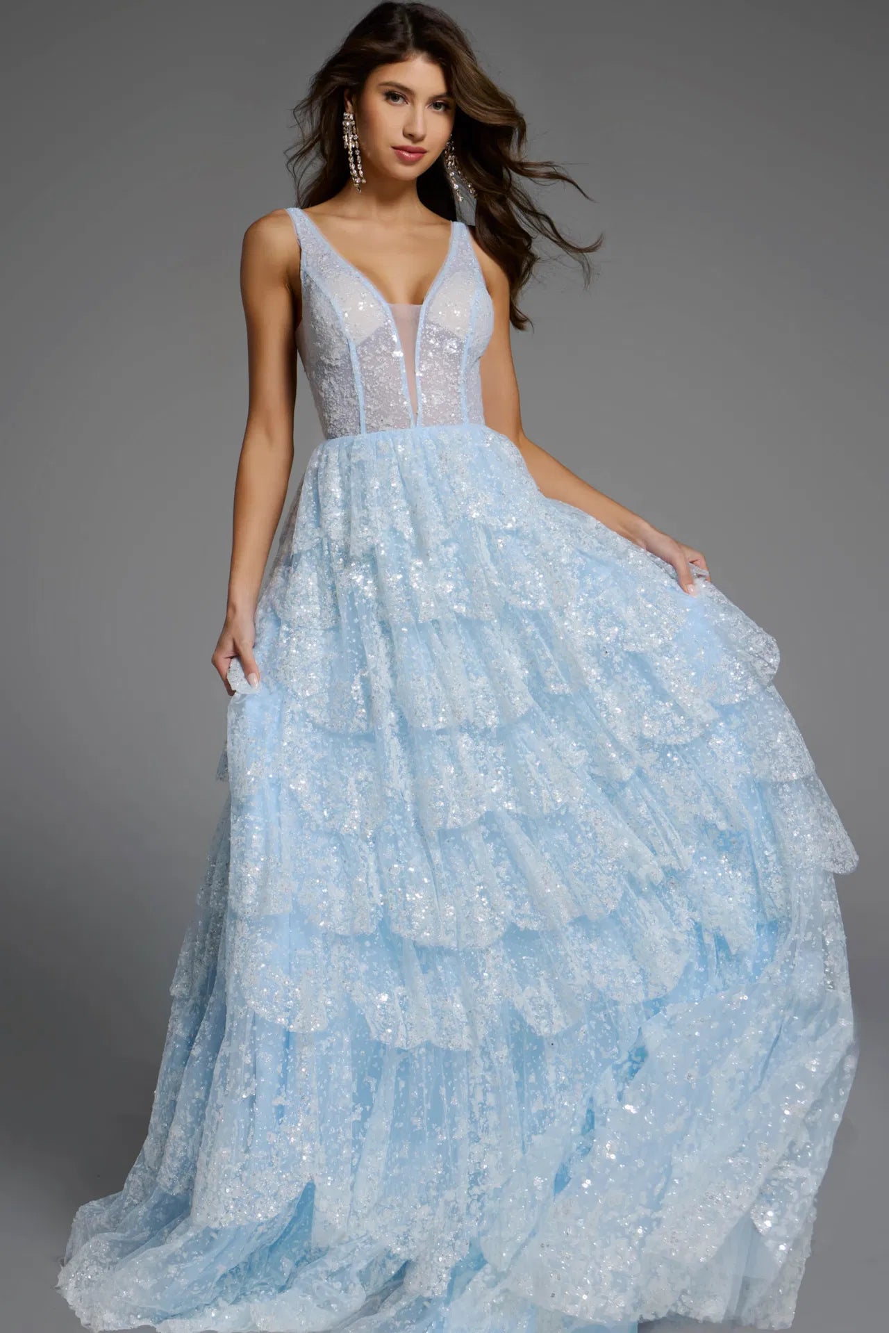 Jovani 43198 Sleeveless V-Neck Gown with Sequin Layers