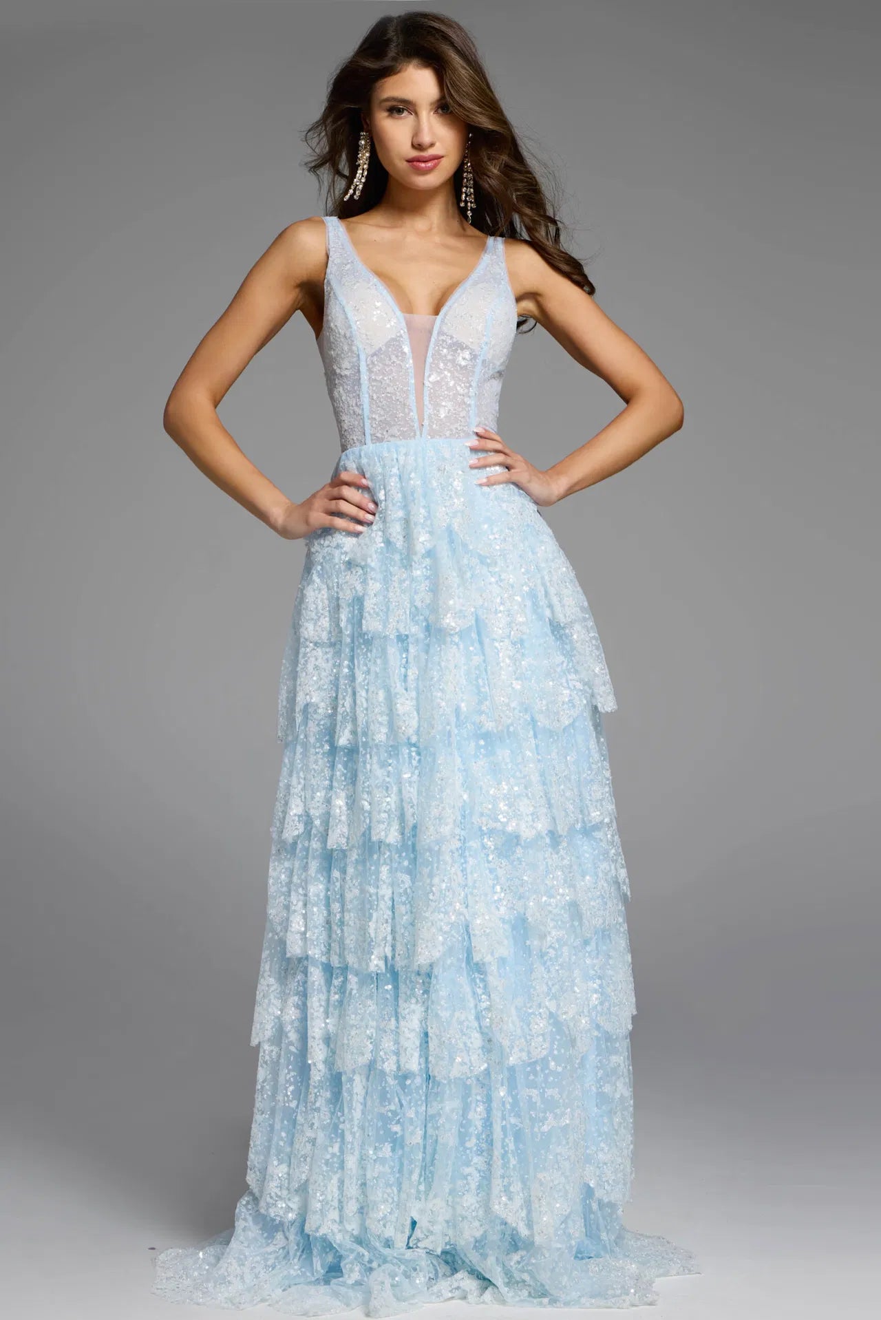 Jovani 43198 Sleeveless V-Neck Gown with Sequin Layers