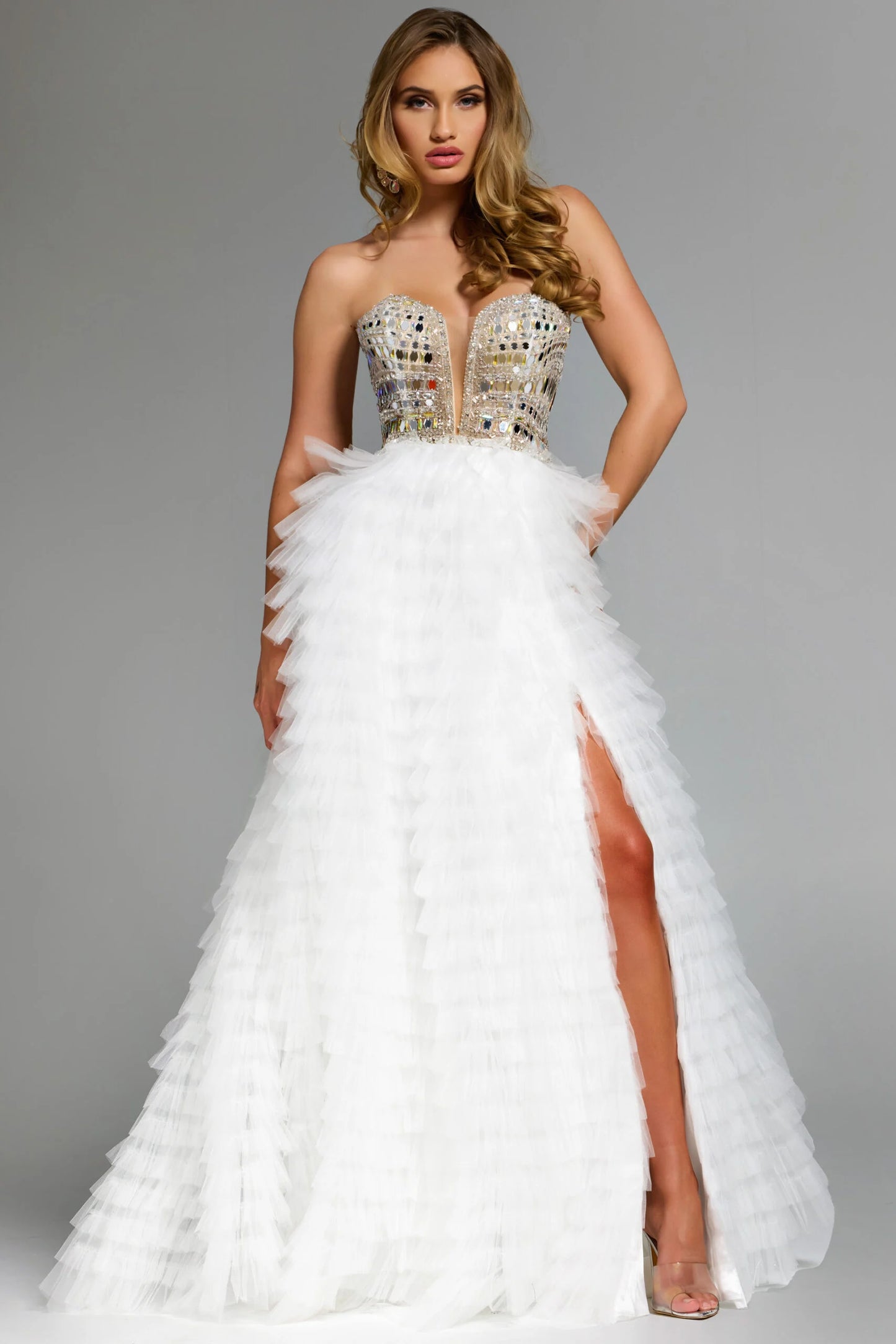 Jovani 43412 Strapless White Tulle Gown With Beaded Corset Bodice