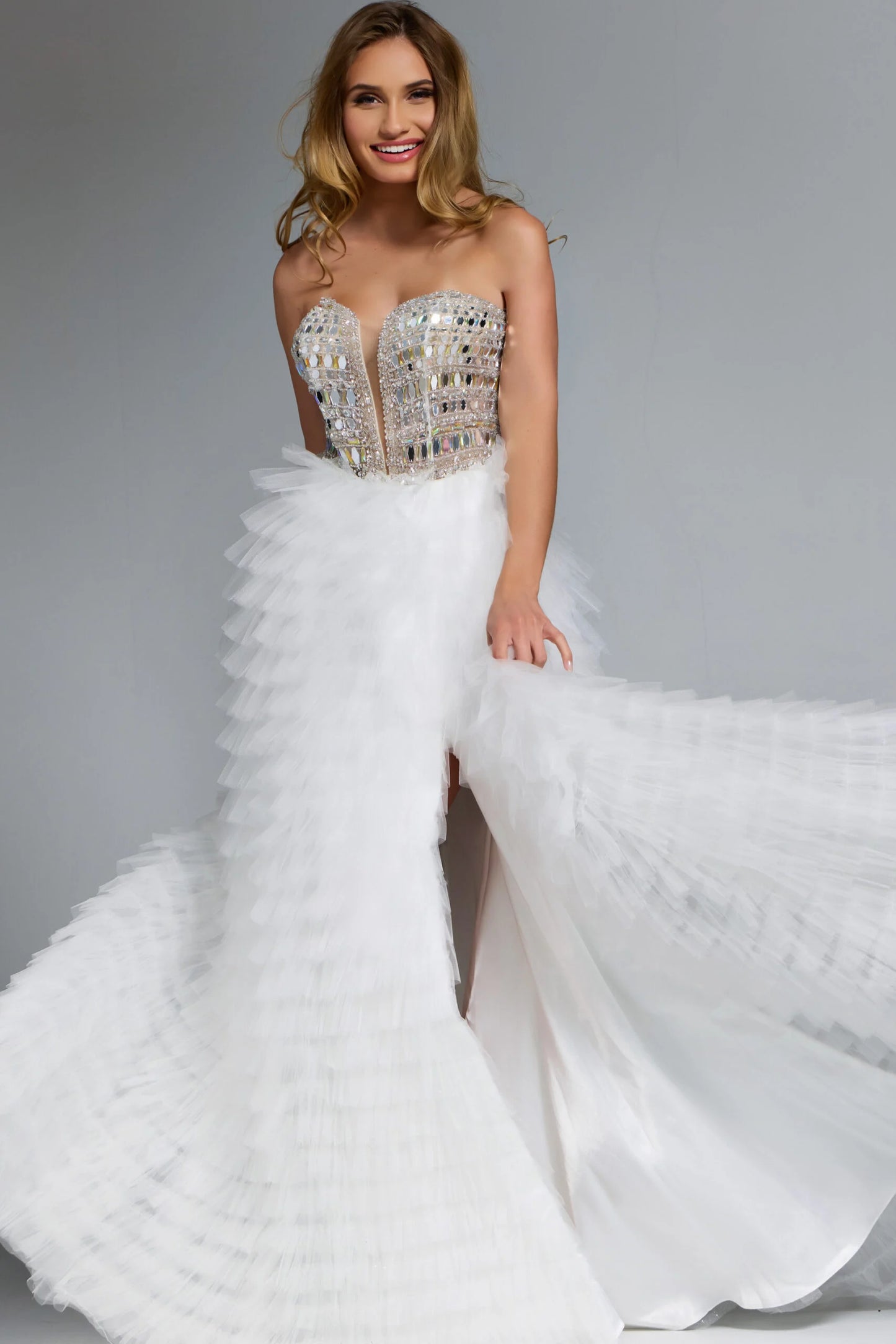 Jovani 43412 Strapless White Tulle Gown With Beaded Corset Bodice