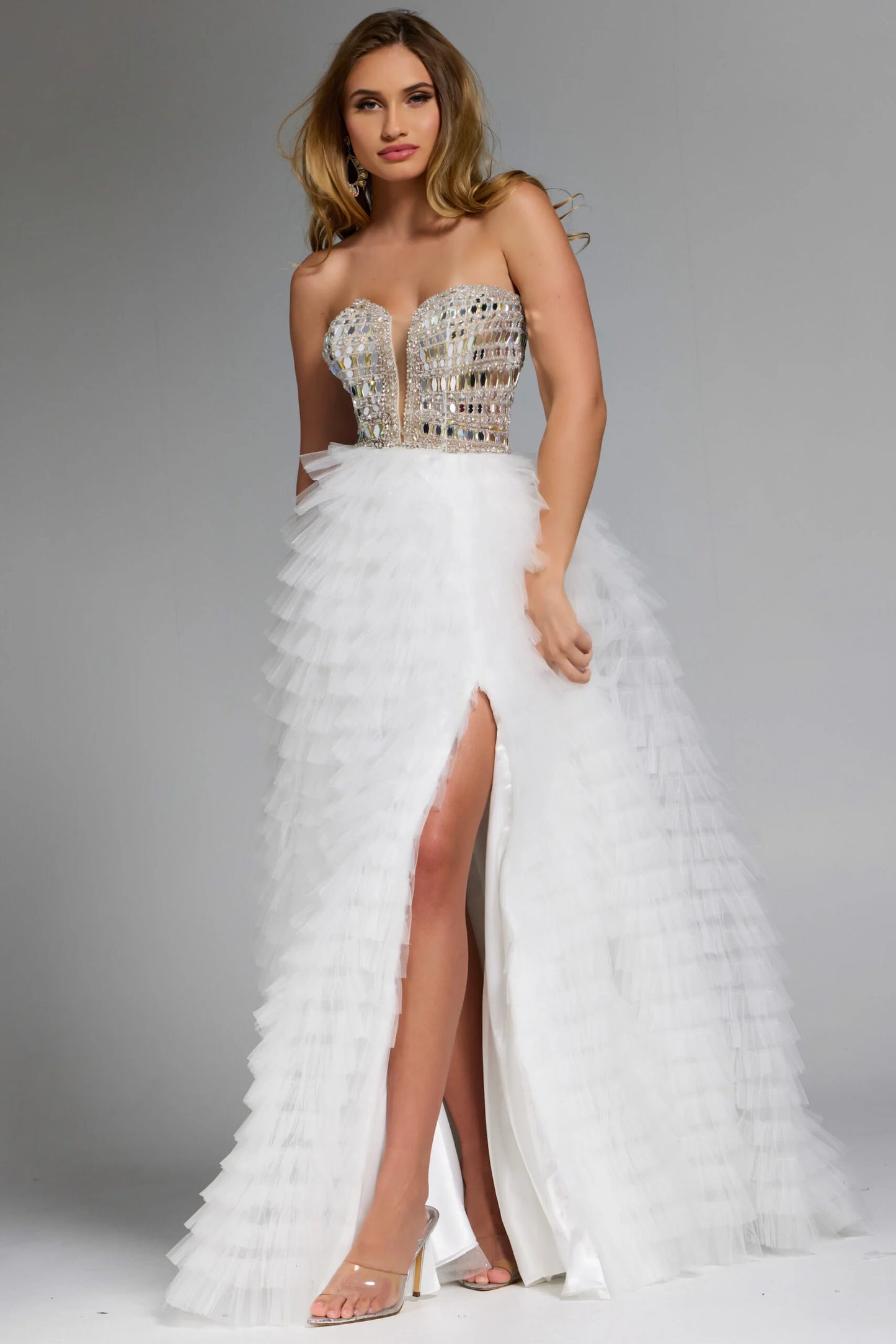 Jovani 43412 Strapless White Tulle Gown With Beaded Corset Bodice