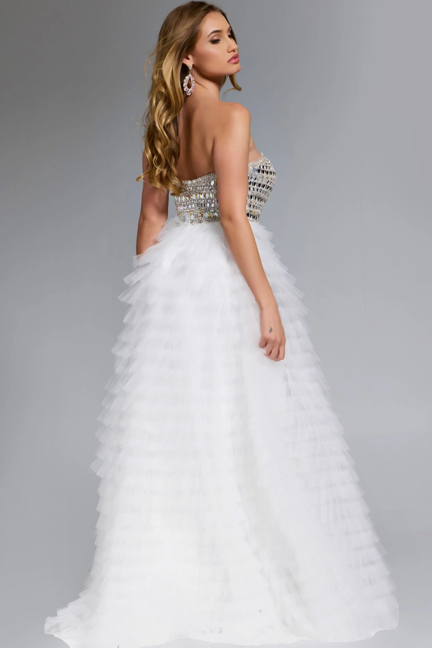 Jovani 43412 Strapless White Tulle Gown With Beaded Corset Bodice