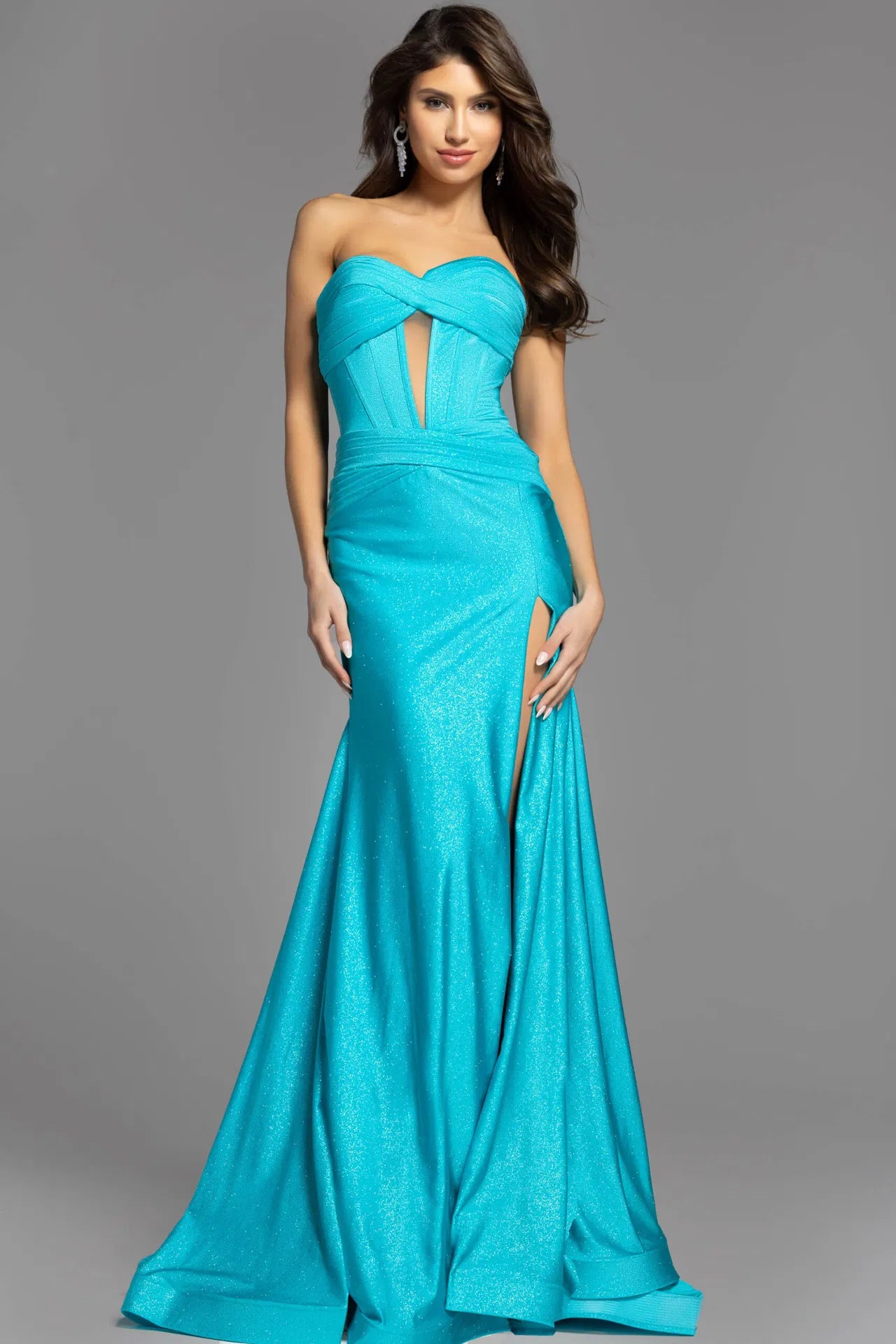 Jovani 43419 Strapless Glitter Gown With Keyhole Cutout And High Slit
