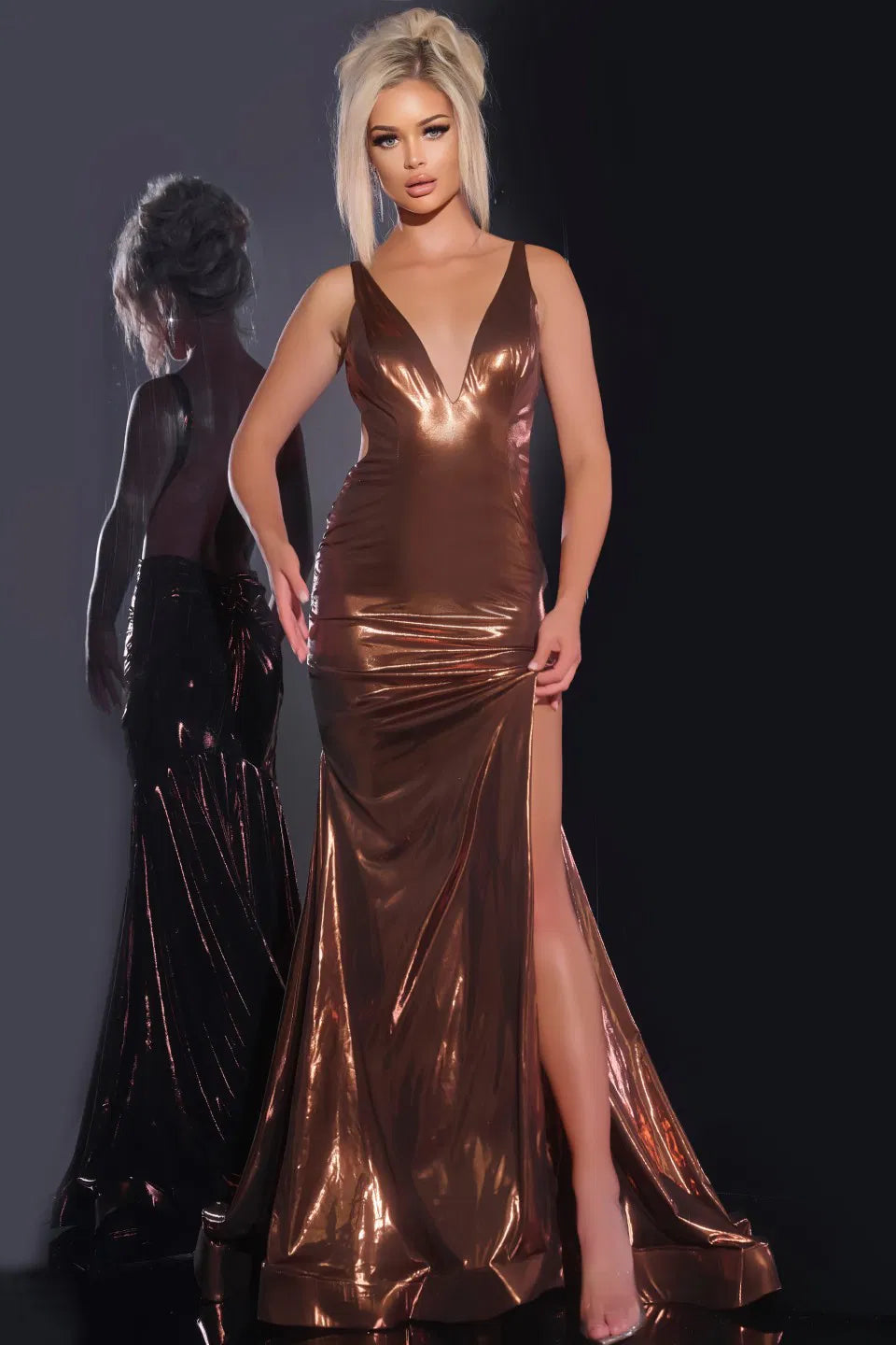 Jovani 43572 V-Neck Gown with High Slit and Open Back