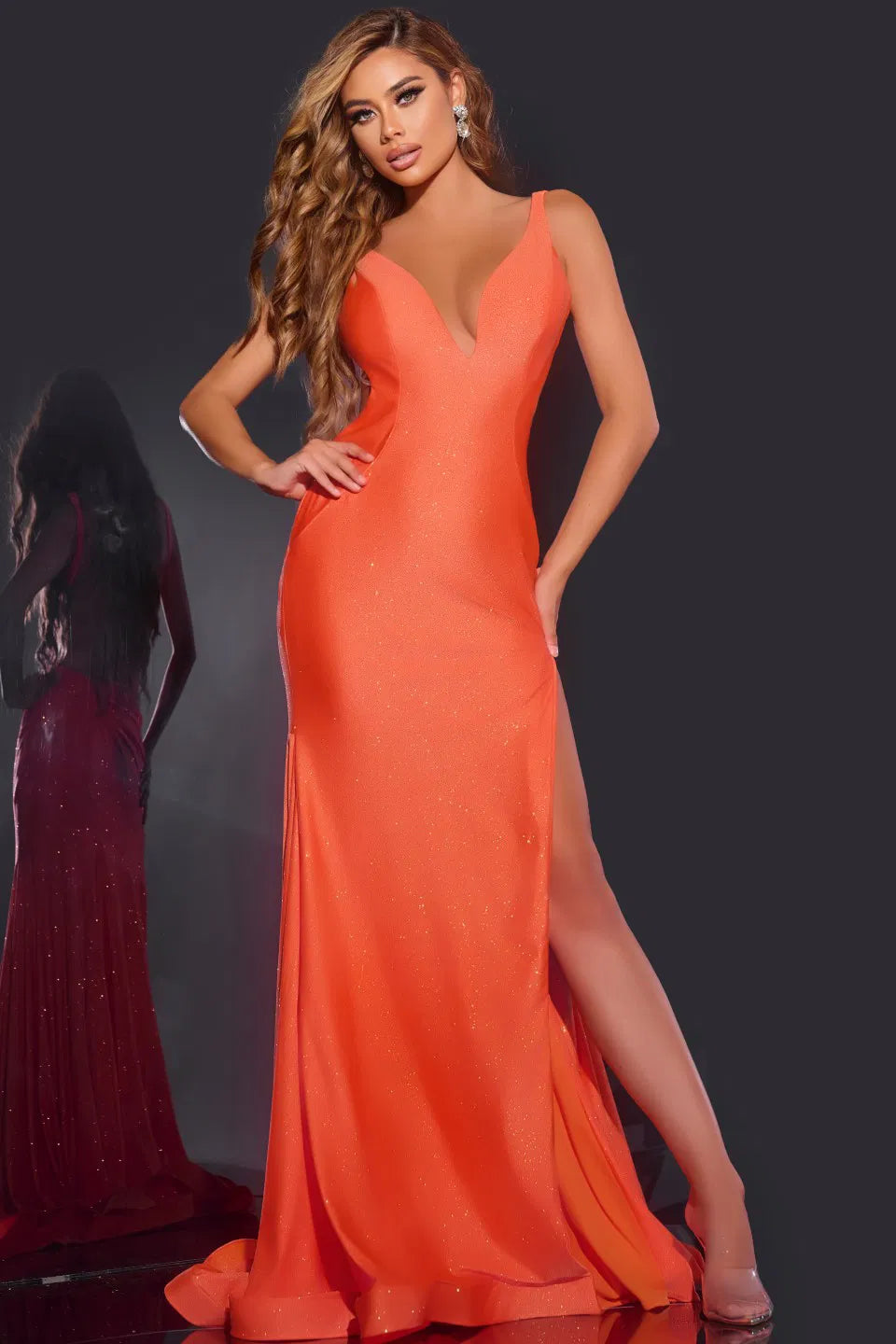 Jovani 43573 Deep V-Neck Gown with High Slit and Open Back
