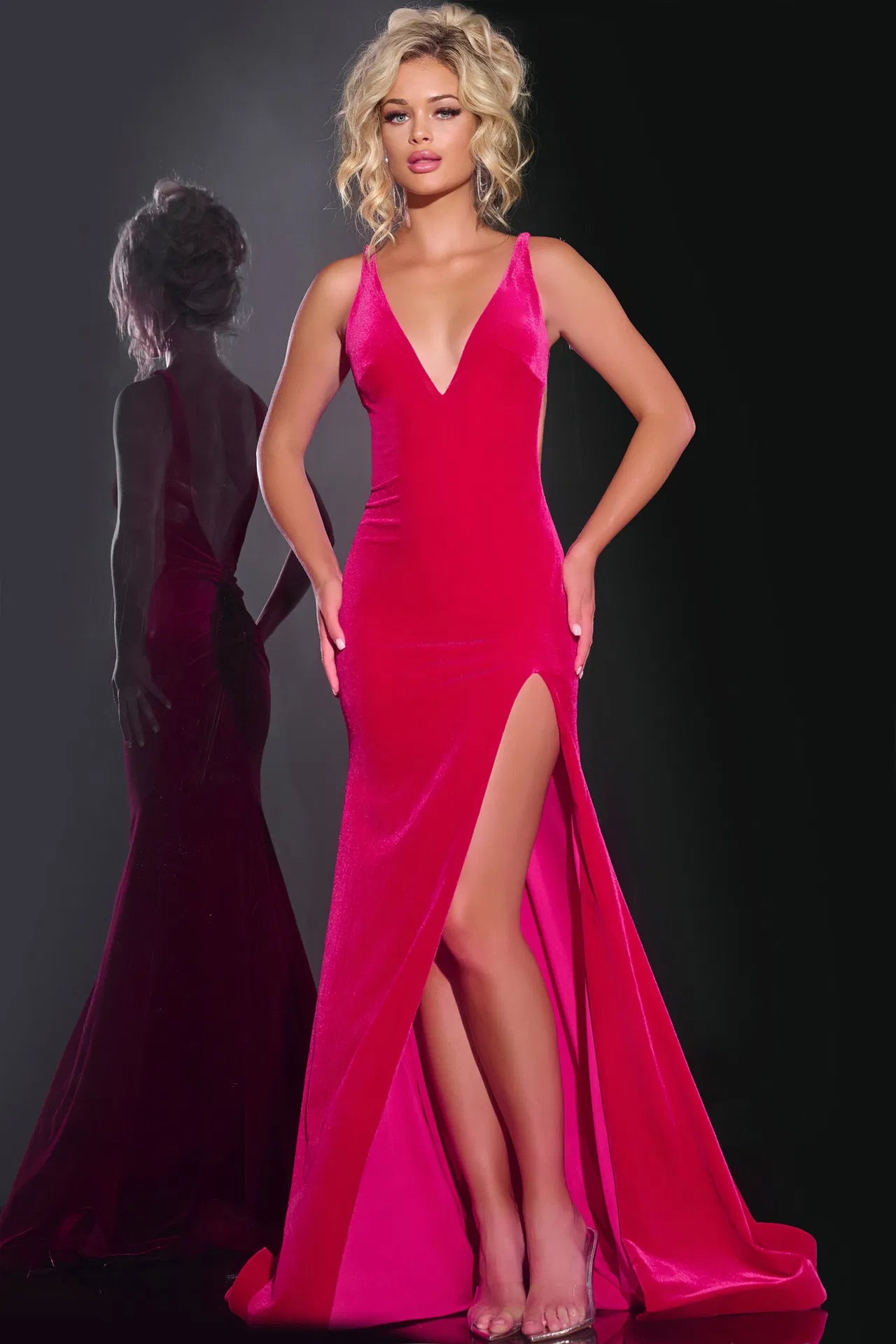 Jovani 43578 Velvet Fitted Gown with Plunging Neckline