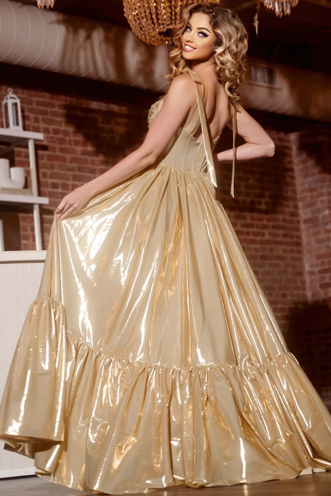 Jovani 43596 Shiny Corset Gown With Flared Skirt