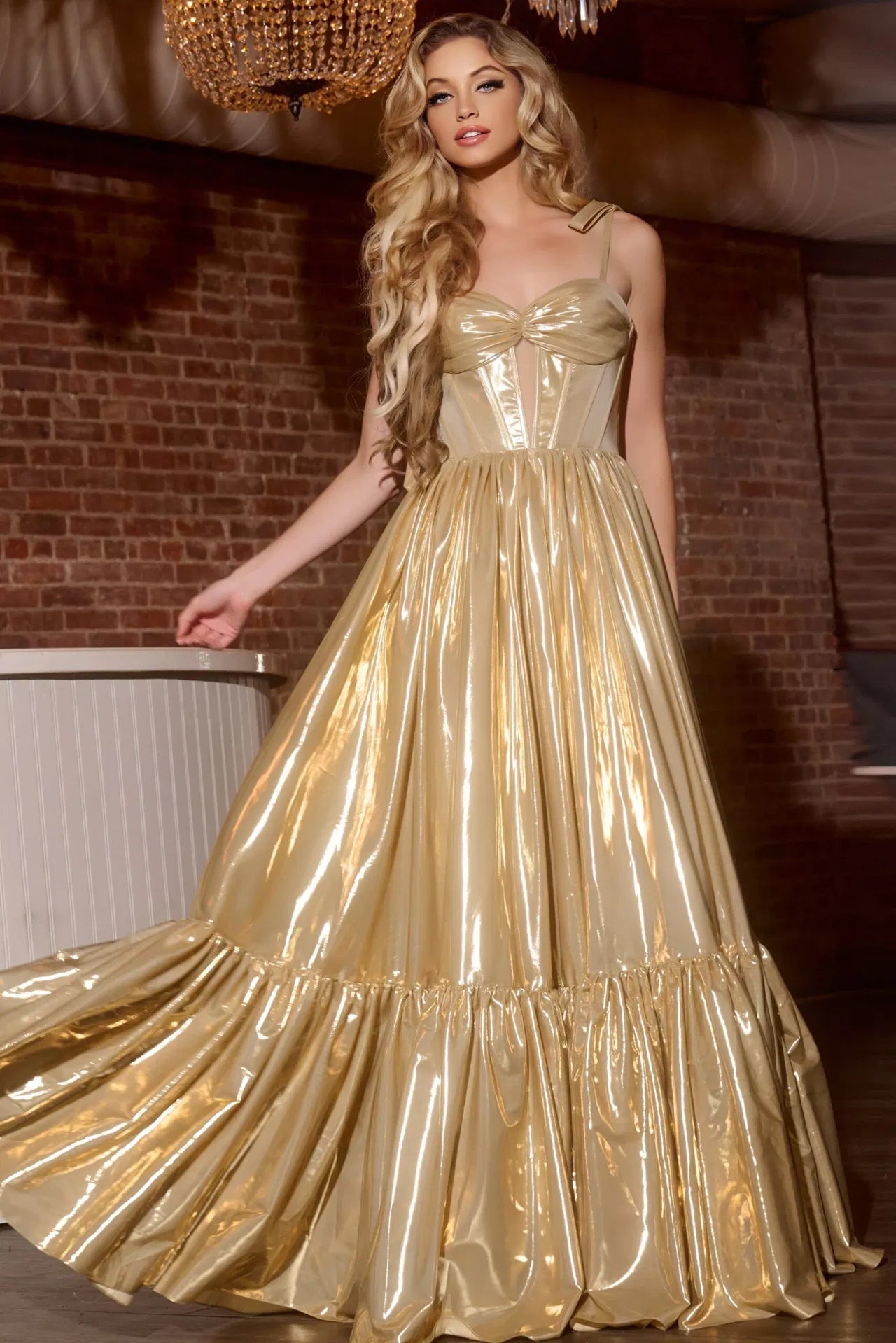 Jovani 43596 Shiny Corset Gown With Flared Skirt