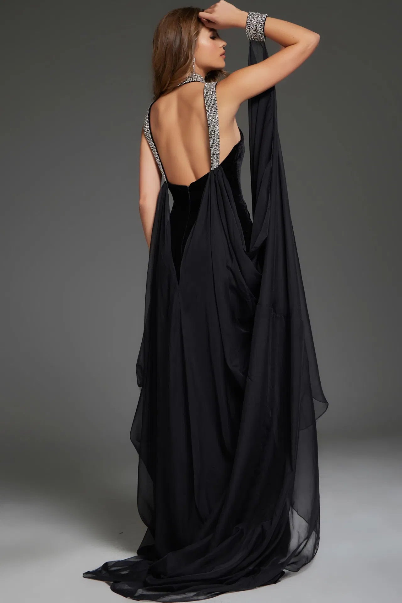 Jovani 43696 High-Neck Gown with Beaded Accents and Draped Chiffon Details