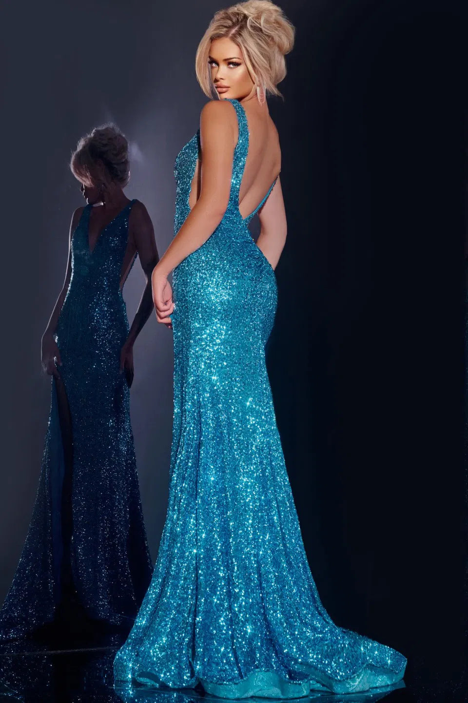 Jovani 43725 Glittering V-Neck Gown with High Slit