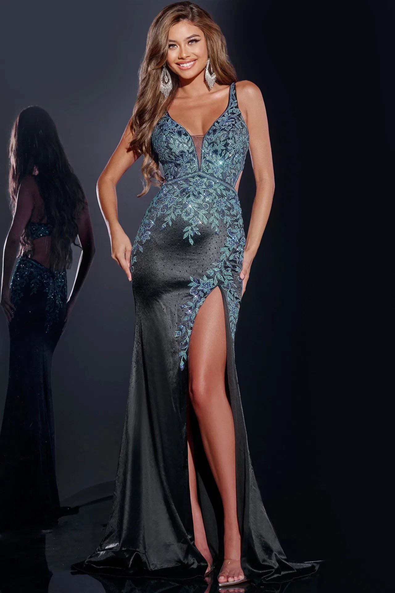 Jovani 43796 Sleeveless Gown with Floral Embellishments and High Slit