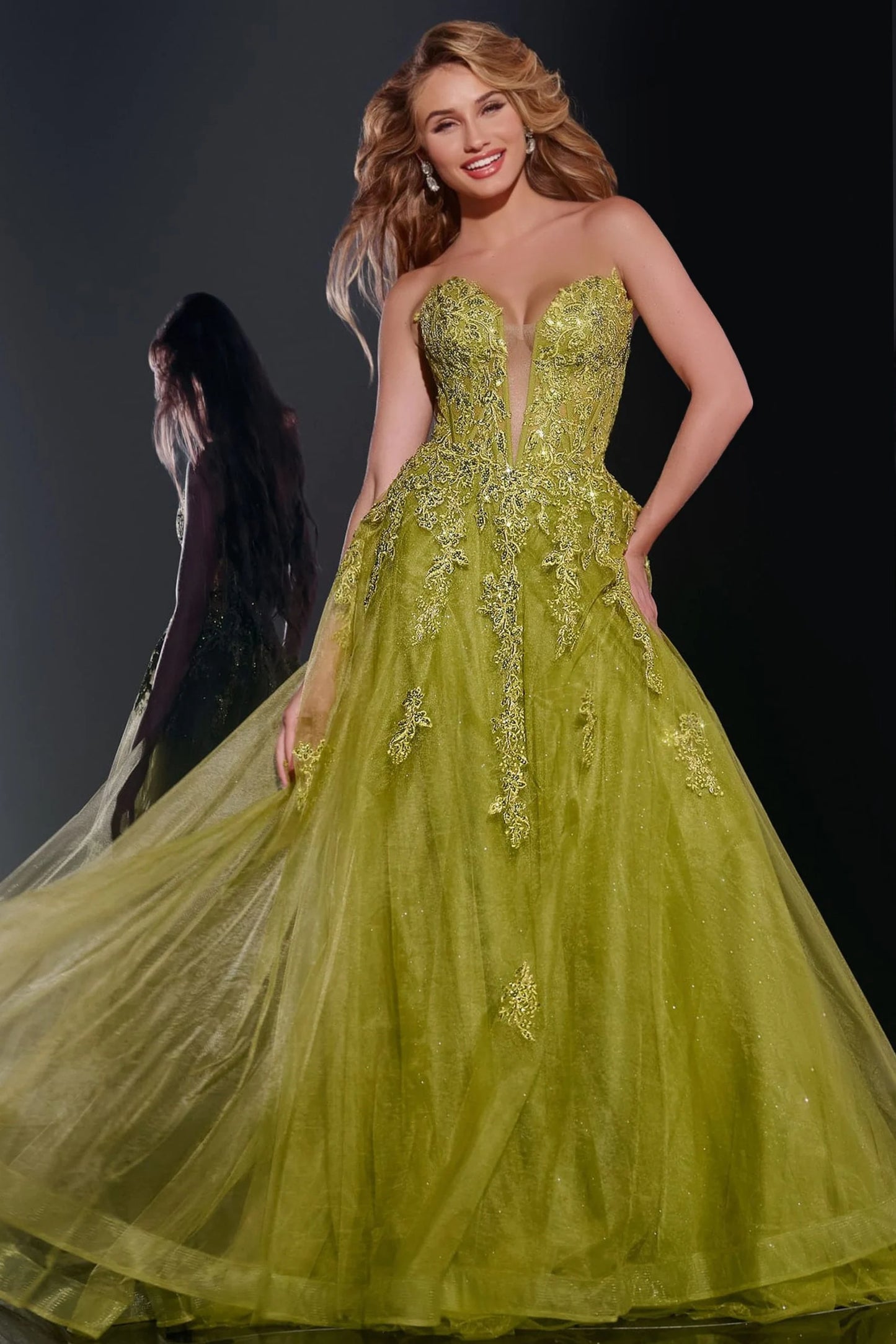 Jovani 43849 Strapless Ball Gown with Embroidered Bodice and Tulle Skirt