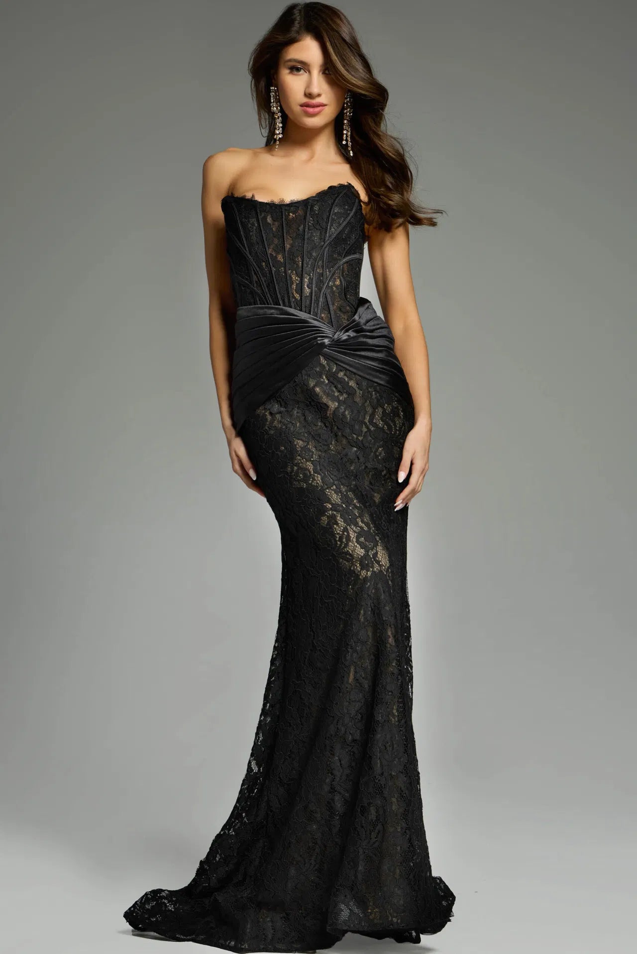Jovani 43856 Strapless Lace Gown with Draped Satin Waist