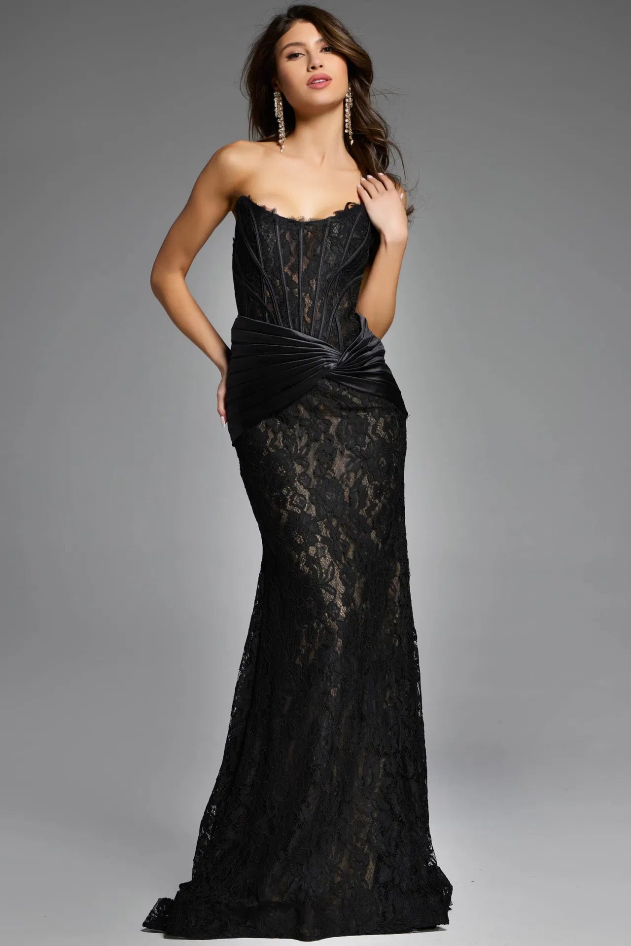 Jovani 43856 Strapless Lace Gown with Draped Satin Waist