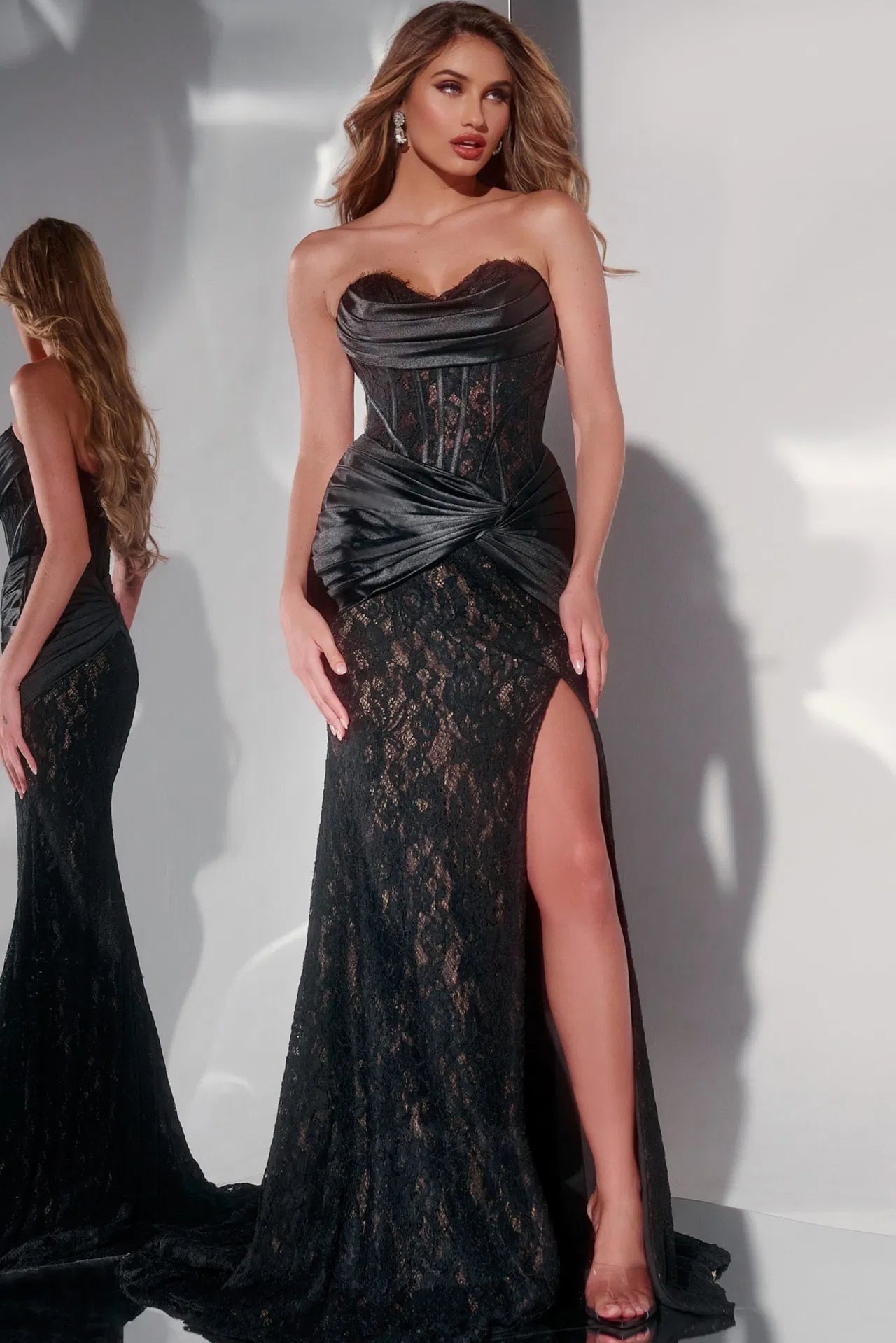Jovani 43859 Strapless Black Lace Evening Gown with Ruched Satin Accent