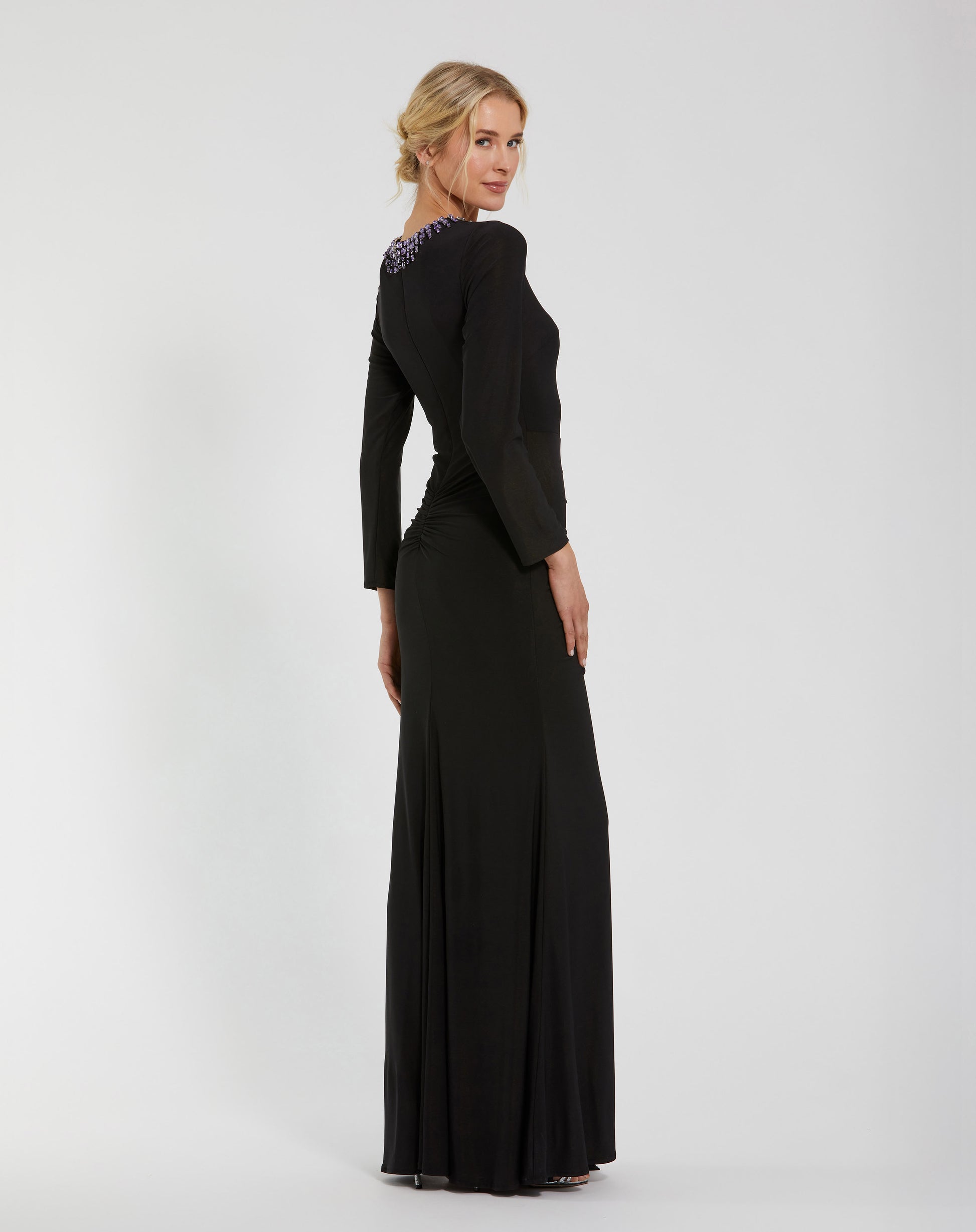mac duggal black dress long sleeve Mac Duggal Wedding Guest Black Jersey Long Sleeve High Neck Feather Gown Black Size US 14