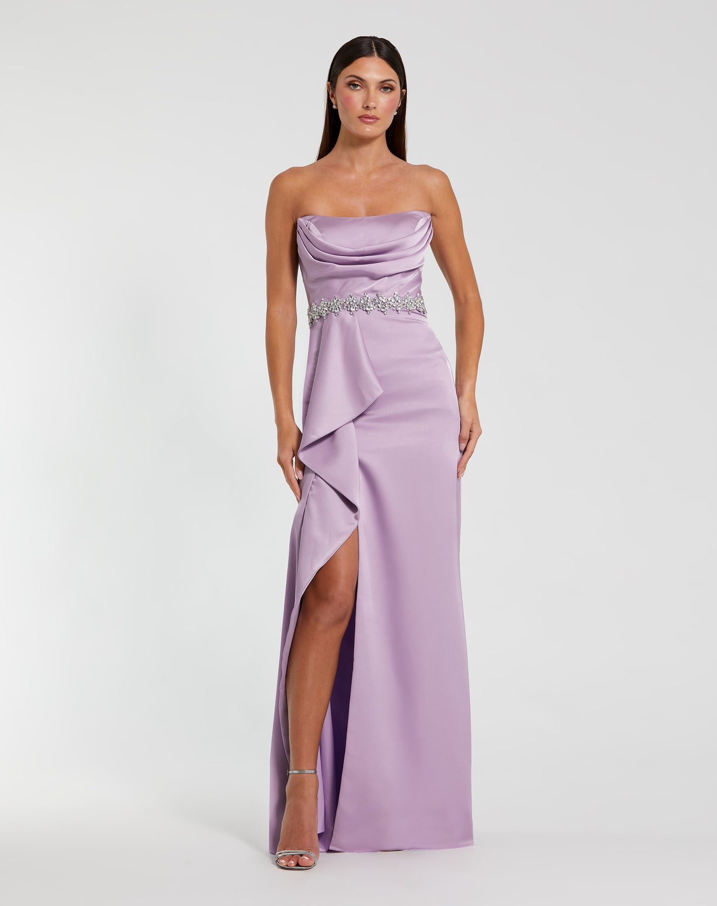 Mac Duggal 44133 Strapless Satin Gown with Embellished Belt Detail