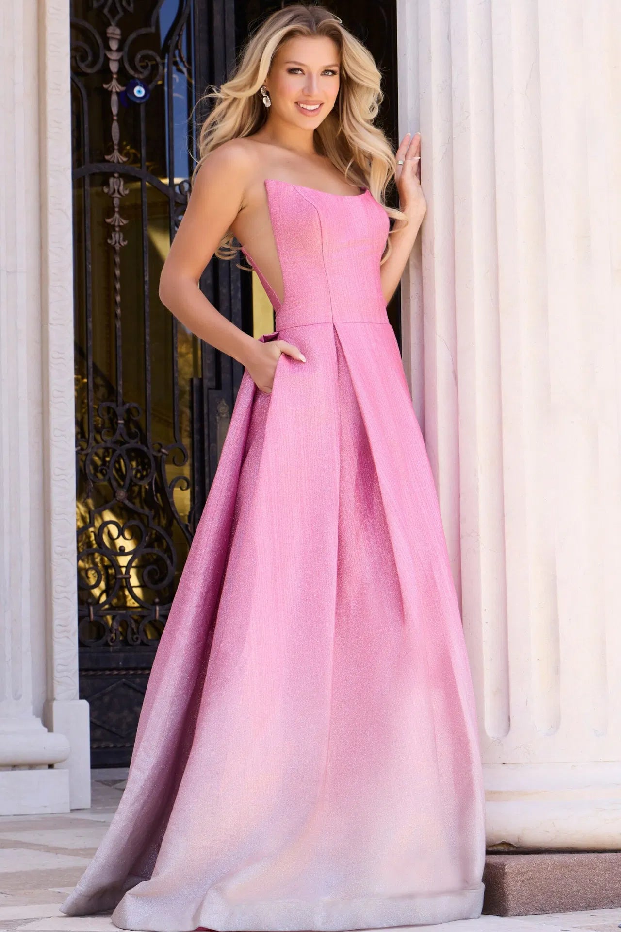 Jovani 44435 Shimmer Ballgown with Scoop Neck and Pleated Skirt