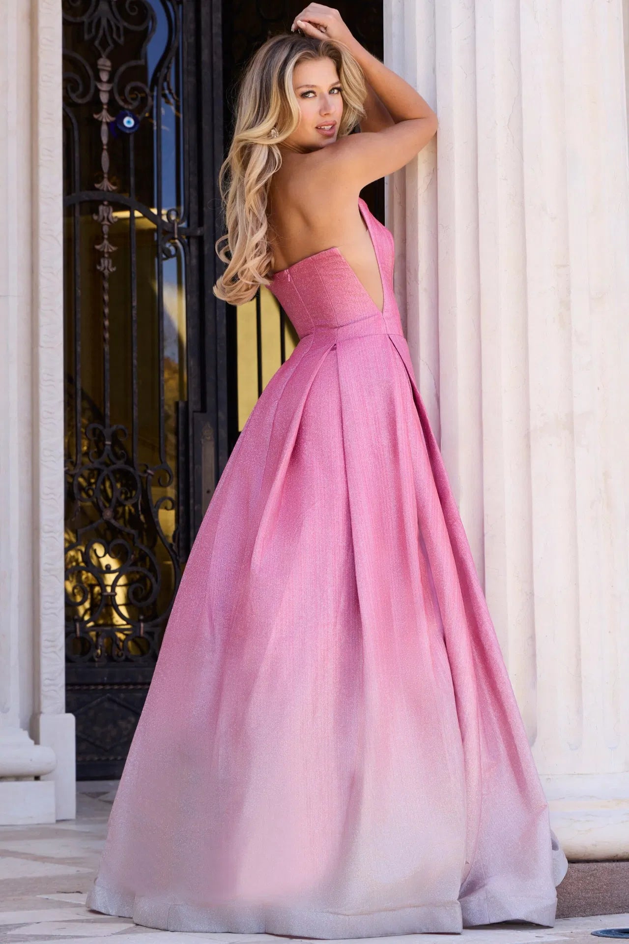 Jovani 44435 Shimmer Ballgown with Scoop Neck and Pleated Skirt