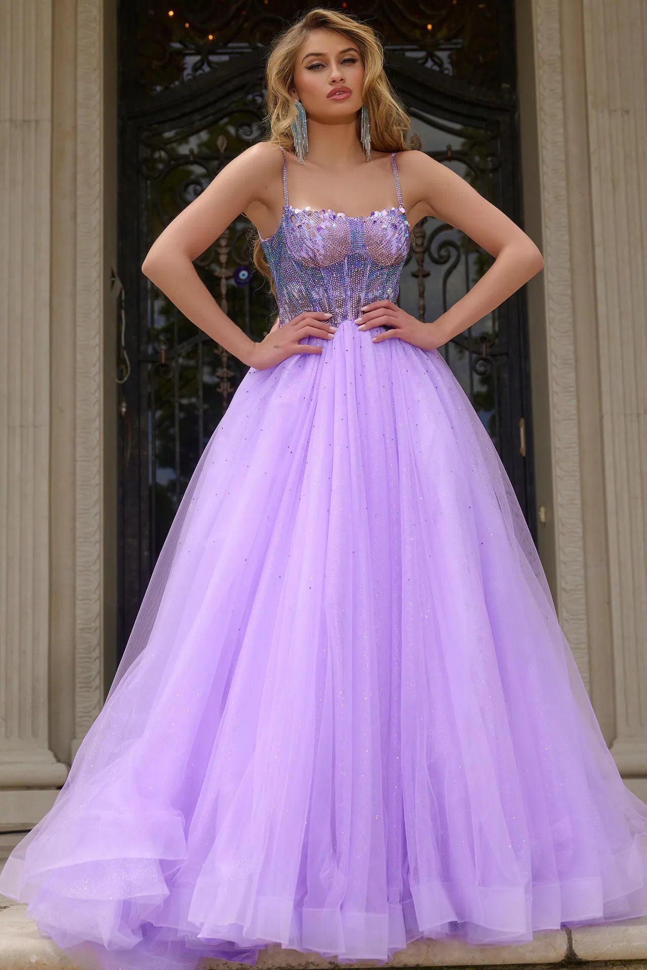 Jovani 44511 Corset Beaded Ball Gown with Tulle Skirt