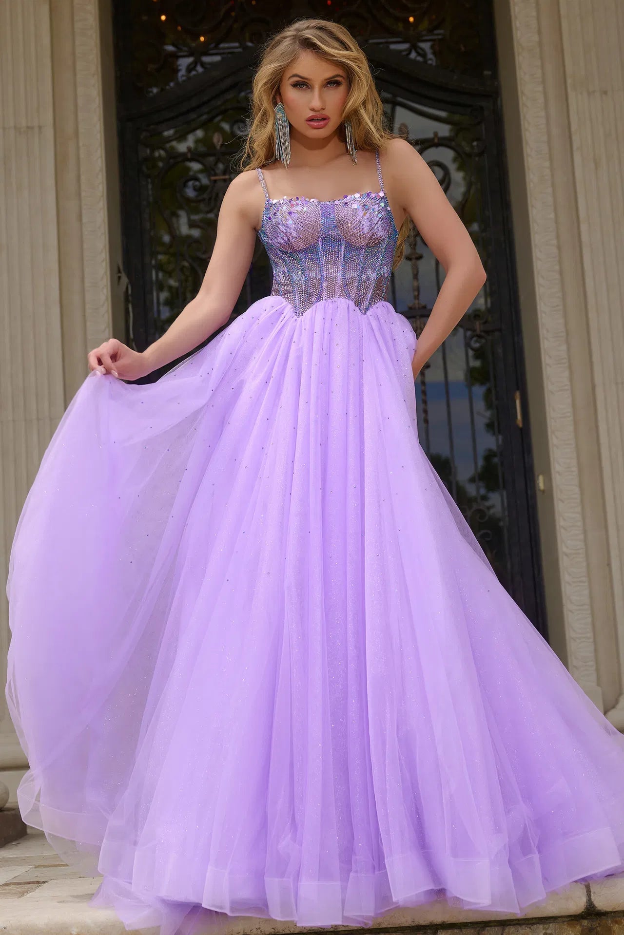 Jovani 44511 Corset Beaded Ball Gown with Tulle Skirt
