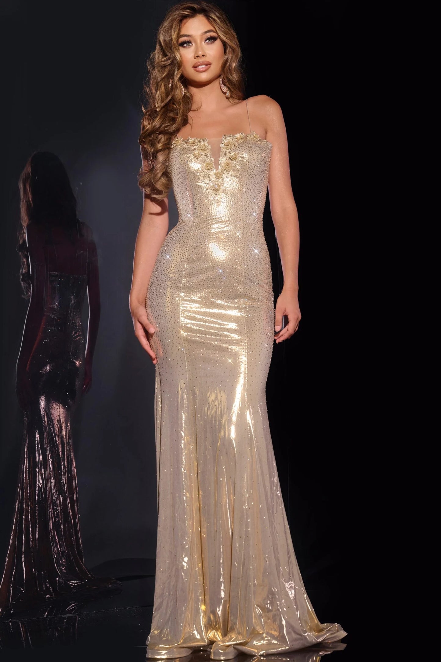 Jovani 44539 Shimmering Floral Applique Fitted Gown with Plunging Neckline