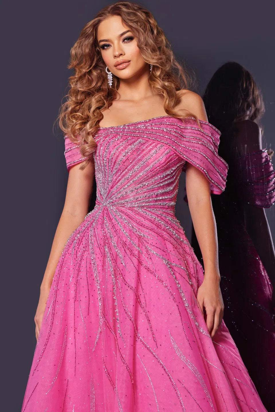 Jovani 45067 Off-the-Shoulder A-Line Gown with Glittering Beaded Detail