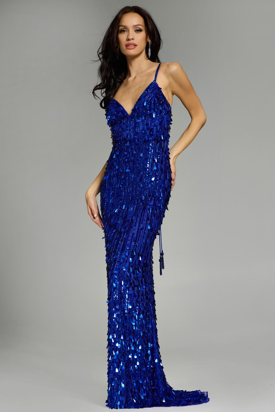 Jovani 45262 Sequined Gown with Plunging V-Neck and Crisscross Back